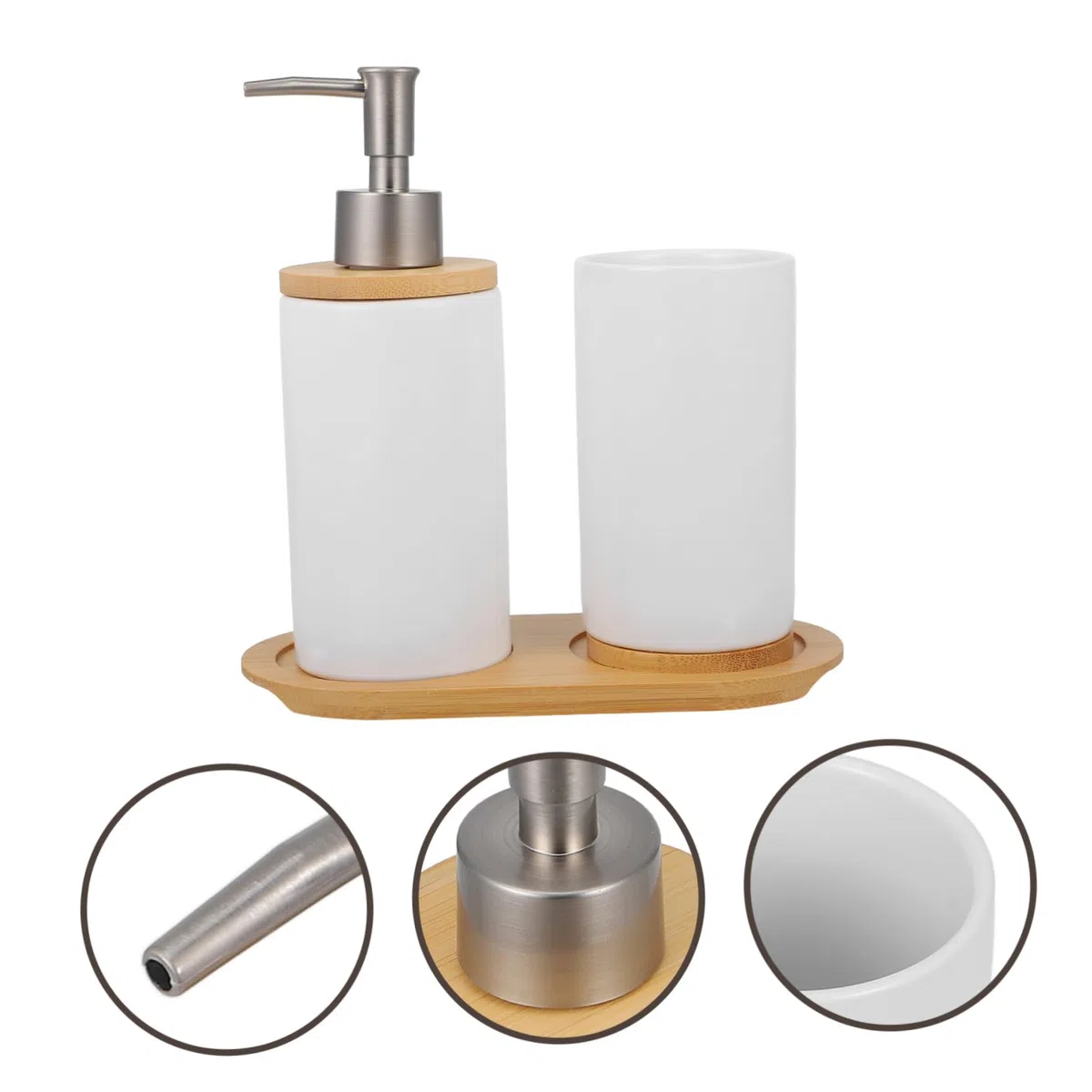 Garneck Conjunto de Accesorios de Baño en Cerámica de Color Claro Dispensador Manual de Loción y Vaso para Cepillo de Dientes, Diseño Sencillo y Práctico para Baño Familiar