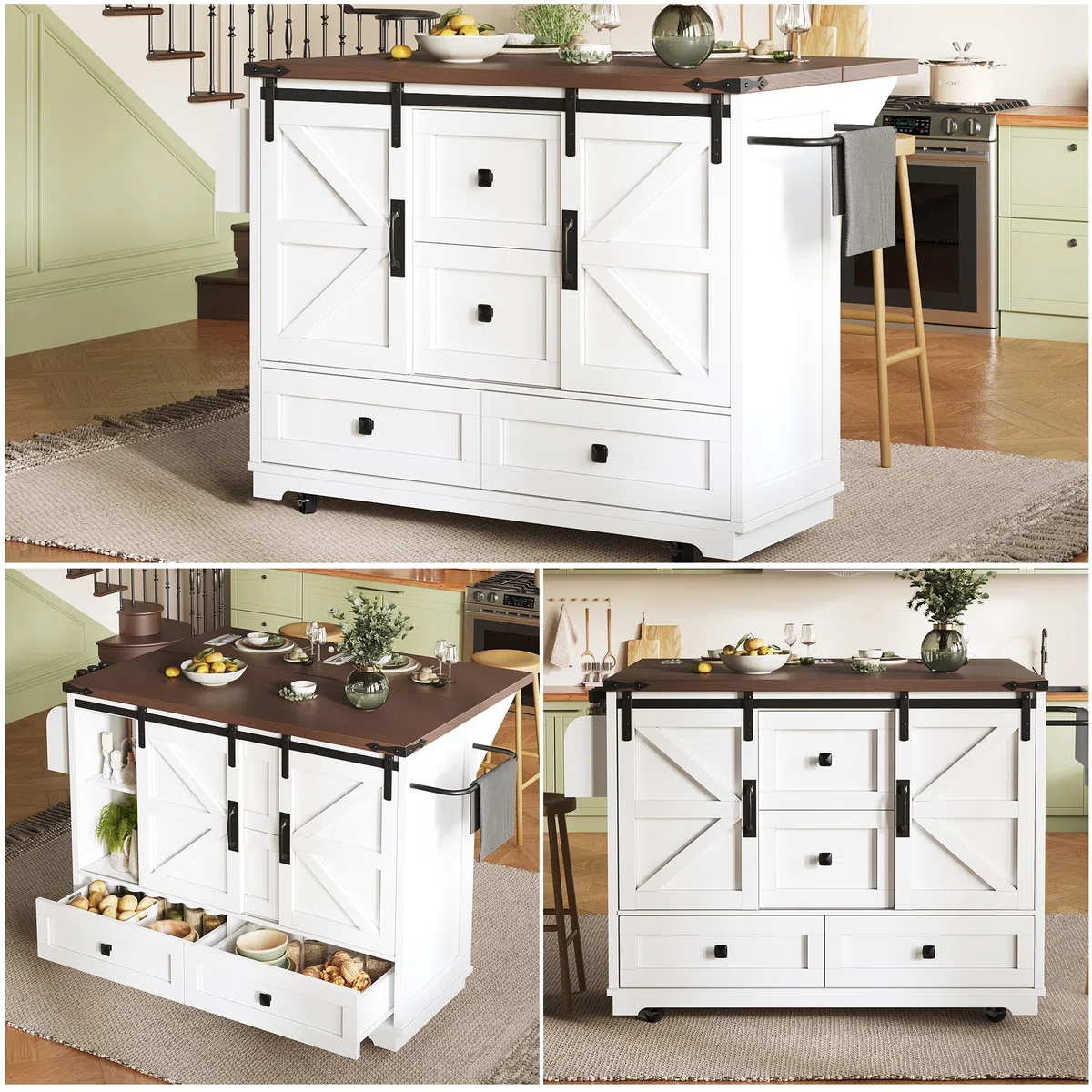 Carrito de cocina multifuncional con mesa plegable, isla de cocina móvil, bar, aparador con espacio de almacenamiento, carrito de servir con tres cajones y dos puertas de armario