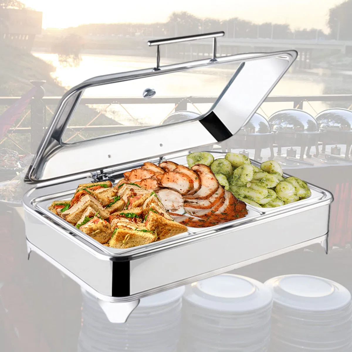 Calentador de Buffet Electrico Chafing Dish Acero Inoxidable, Calentador de Comida Comercial con Tapa Visible para Mesa Buffet, Temperatura Ajustable, 9L, 400 W