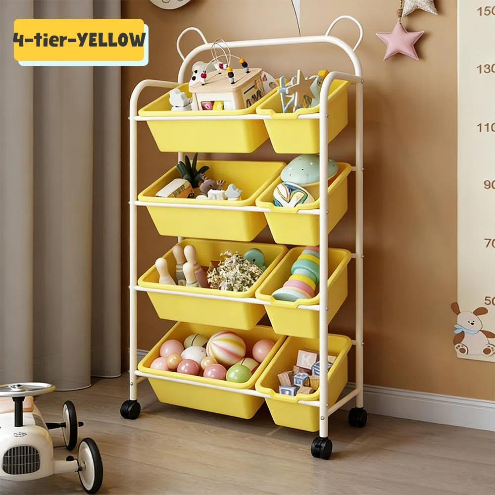Organizador de Juguetes Infantil con Ruedas, 8 Cajas Amarillas Extraíbles, 4 Niveles, 63x28.5x122.5cm, Diseño de Orejas de Oso, Almacenamiento para Habitación Infantil (4 Tier)