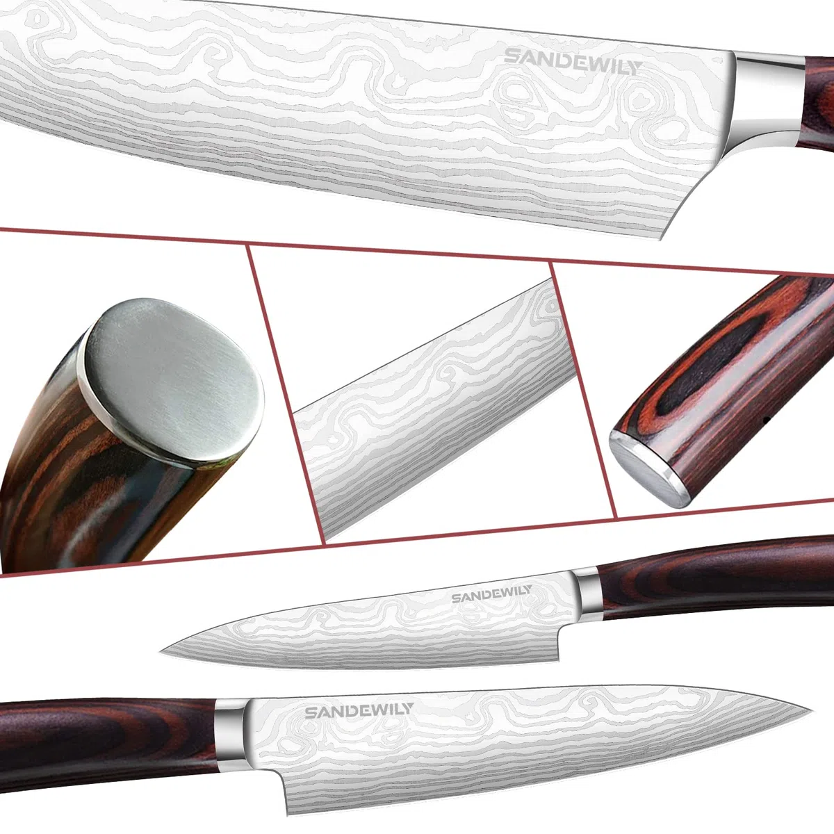 Juego de 5 cuchillos de cocina profesionales de acero inoxidable japonés de alto carbono ultra afilados con vainas, mango ergonómico, cortador multifuncional y cuchillos en caja de regalo, plateado