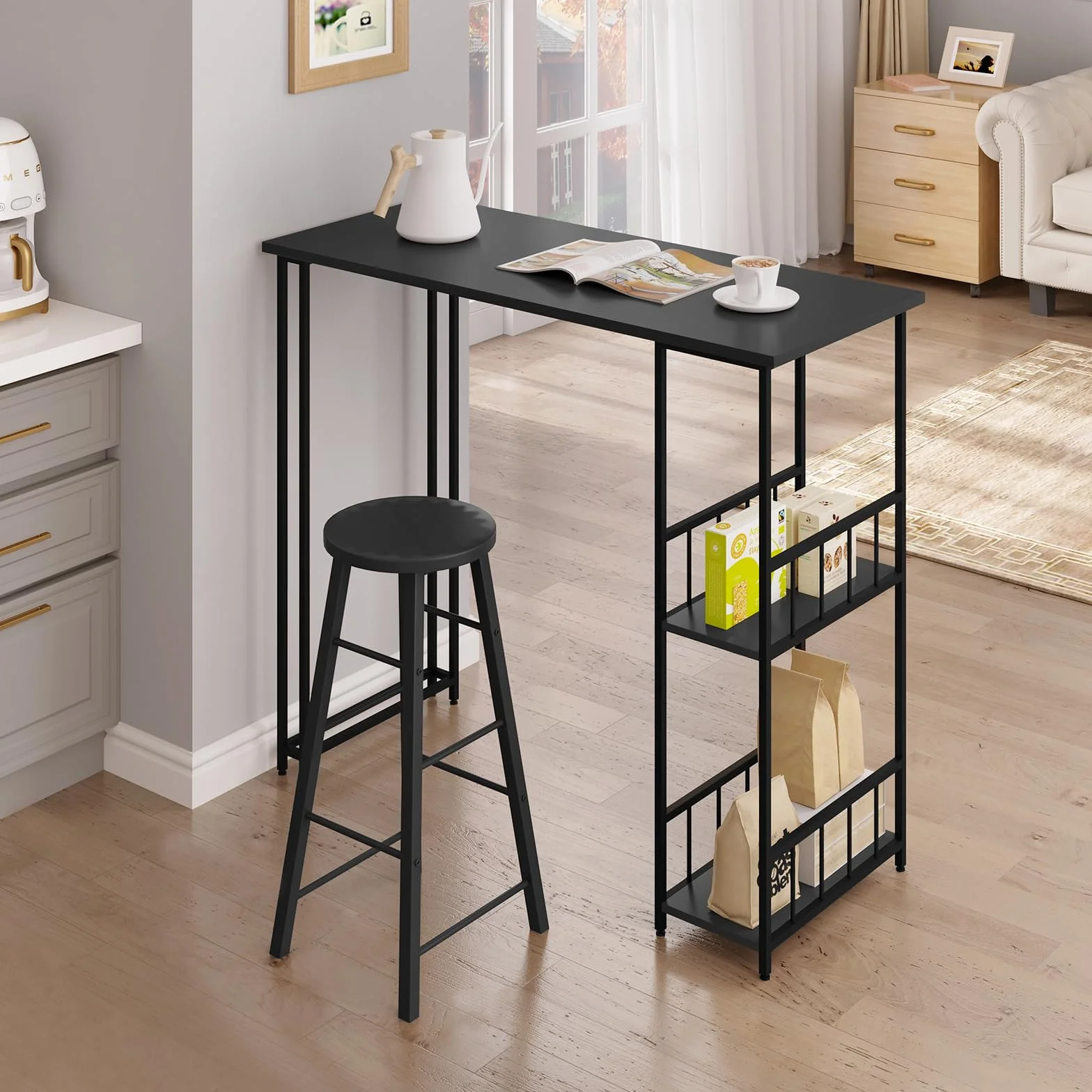 WOLTU Mesa de Bar de Bistro de Comedor con 2 Estantes, Estructura de Metal, MDF, 120x50x105cm (WxDxH) Negro BT25sz