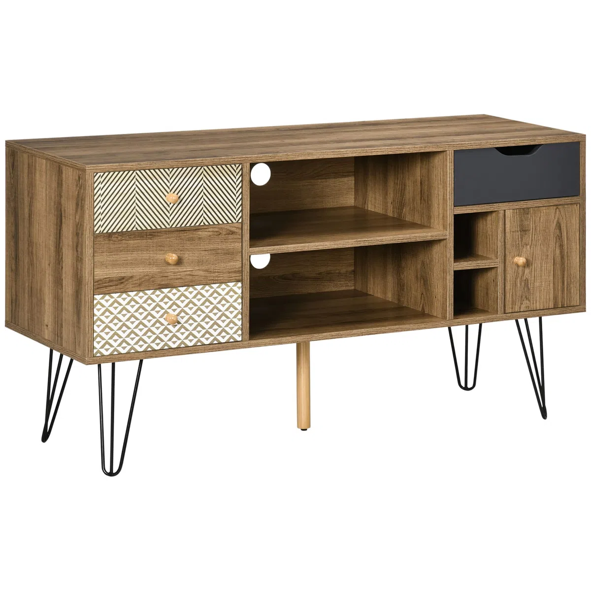 HOMCOM Mueble de TV con Estantes de Almacenamiento 4 Cajones y Patas de Metal Mesa para TV de Salón para Televisores de hasta 50 Pulgadas para Dormitorio 120x39x64 cm Marrón