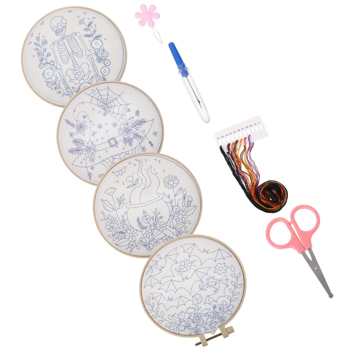 MUELODSIC Kit de Bordado DIY de Halloween para Principiantes 4 Patrones con Hilos Incluidos Tela para Bordar Juego Completo para Manualidades Creativas y Decoración Festiva