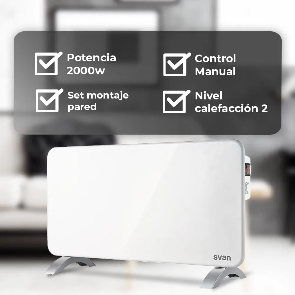 Svan Radiador Plano Eléctrico Bajo Consumo, 2 Niveles de Potencia, 2000 W, Termostato Mecánico, Protección Sobrecalentamiento, Soporte con Patas, Blanco