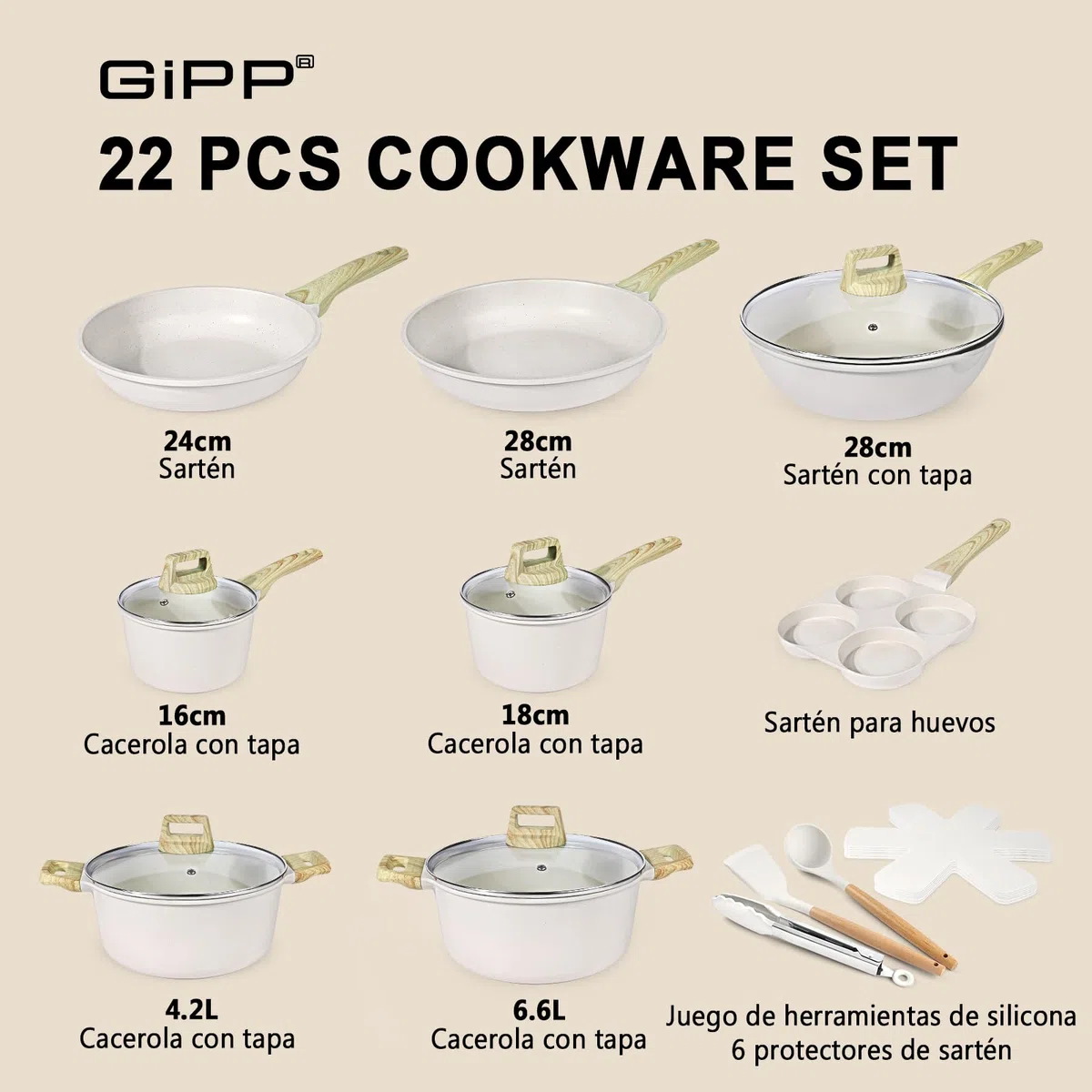 GiPP 22 Piezas Inducción Juego de Sartenes - Juego de Sartenes y Cacerolas con Revestimiento Cerámico Antiadherente, Batería de Cocina sin Tóxicos, Apta Para Diferentes Tipos de Cocinas, Blanco