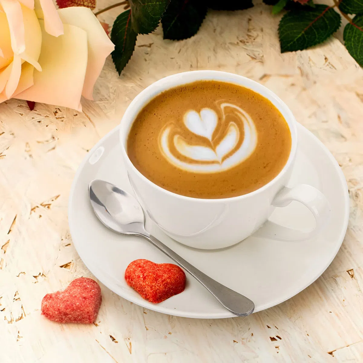 Foraineam Juego de 6 tazas de café expreso con platillos y cucharas, juego de tazas de té blanco de 6 onzas, taza de café de porcelana y platillo con cuchara de acero inoxidable para bebidas de café