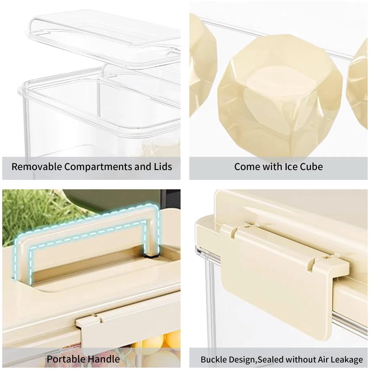 Paquete de 2 organizadores de condimentos enfriados con hielo con 4 recipientes y 4 tapas, bandeja para servir frutas con asa, organizador de condimentos portátil para suministros de barra de