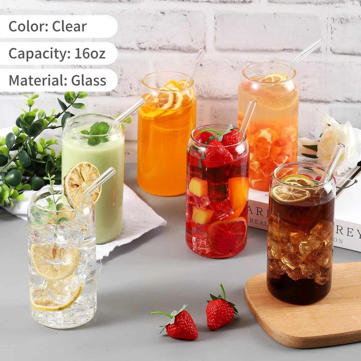 Juego de 6 vasos de cerveza con pajita de cristal, vasos de cerveza de 16 onzas, vasos de vidrio, vasos de café, ideales para whisky, refrescos, té, gran regalo + 2 cepillos de limpieza