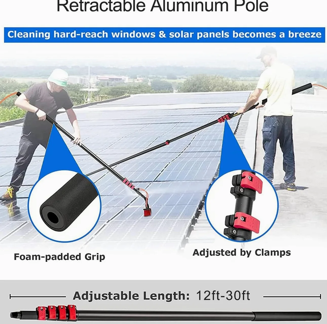 Kit de limpieza de ventanas con poste telescópico de 30 pies y cabezal flexible, cepillo de 30 cm para limpieza exterior del hogar y techo, herramientas de ventana de alto alcance para un uso fácil