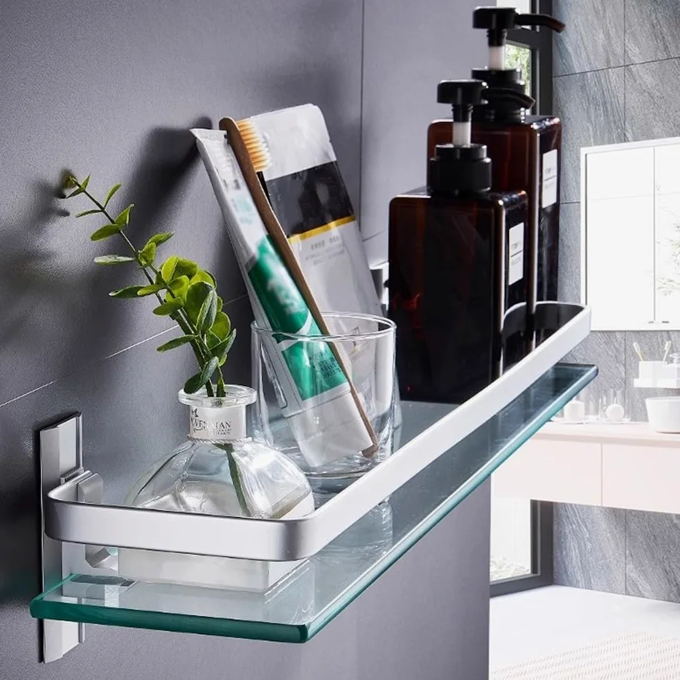 LUUYYI Estante de baño de cristal, estante de ducha de vidrio de 15.7 pulgadas con riel de aluminio, estante de ducha flotante sin taladrar, moderno estante de baño montado en la pared, estantes