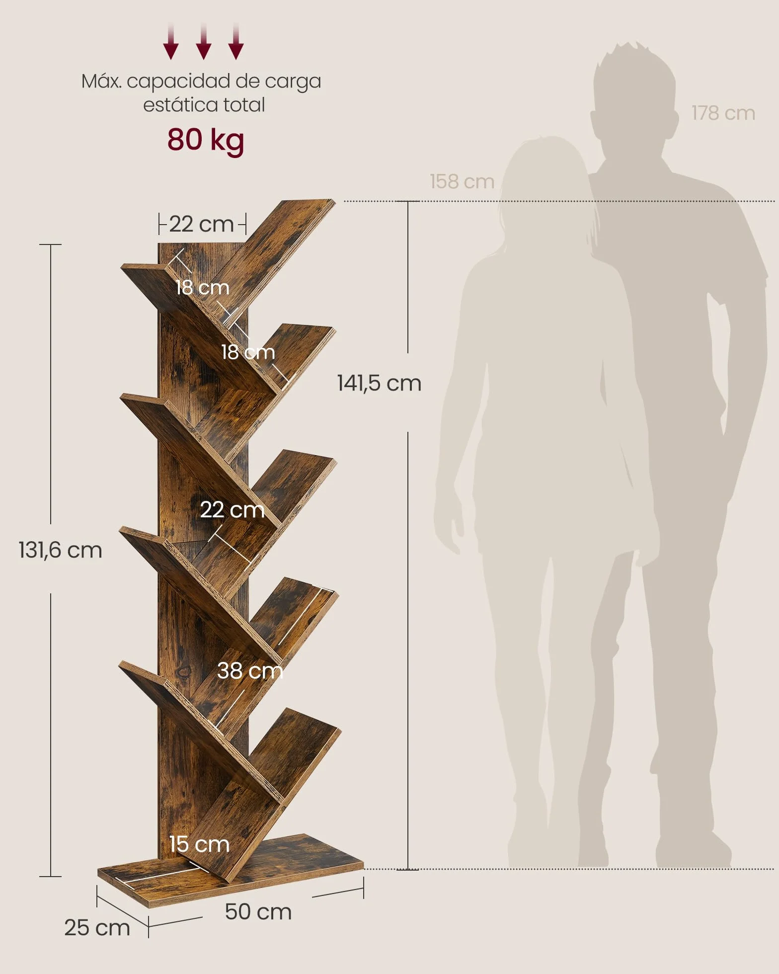 VASAGLE Librería en Forma de Árbol, Biblioteca de 9 Niveles, Ahorro de Espacio, Estantería Vertical, para Dormitorio, Sala de Estar, Estudio, Oficina, Marrón Rústico LBC11BX