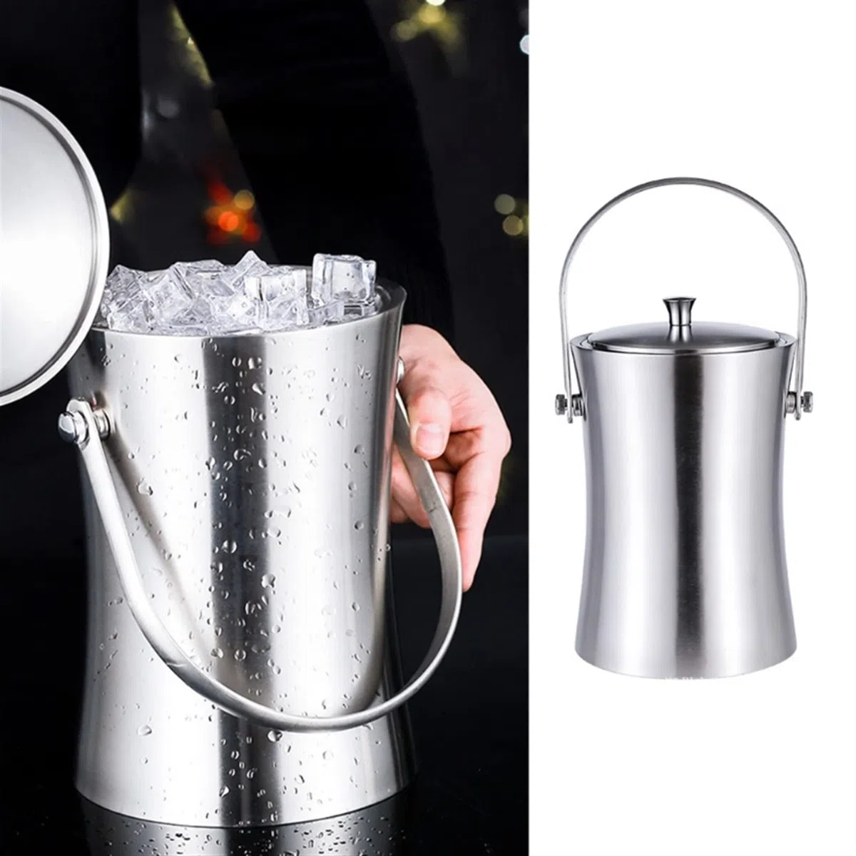 Cubo para Hielo Recipiente de Cubo de Hielo de Acero Inoxidable con Tapa y Pinzas champán Cooler Cooler Ice Cubo de Hielo Plateado de Doble Pared Cubo de Hielo Aislante (Color : 2.0L)