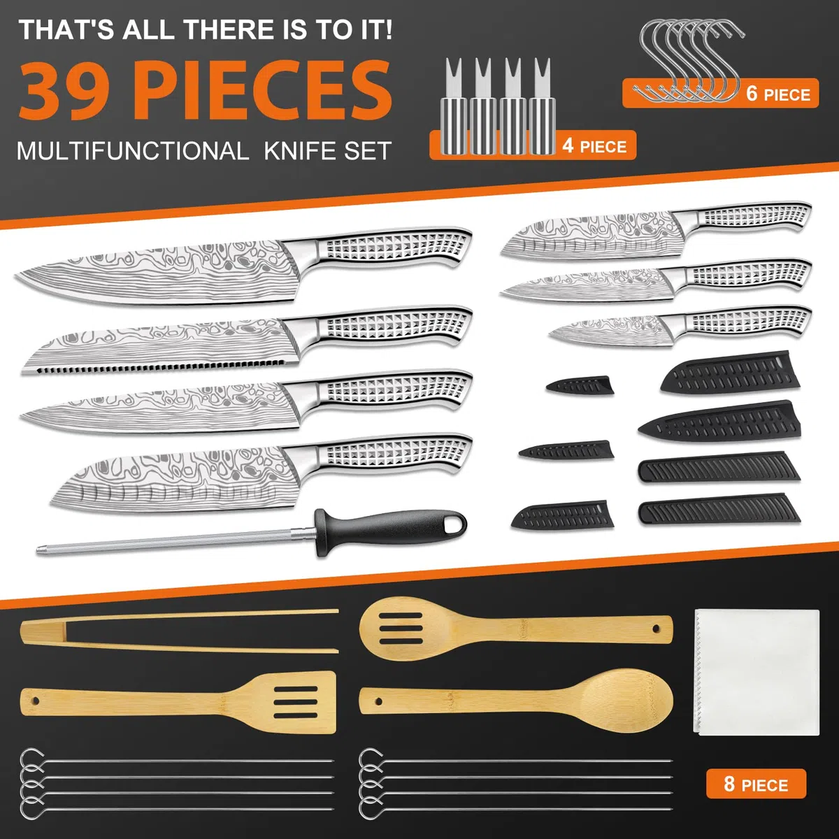 Juego de Cuchillos de Cocina Utensilios para Barbacoa Camping Picnic | Incluye 7 Cuchillos, Afilador e Fundas, Accesorios BBQ, Espátula para Risotto, Espátula Ranurada, Cuchara, Pinzas de Cocina