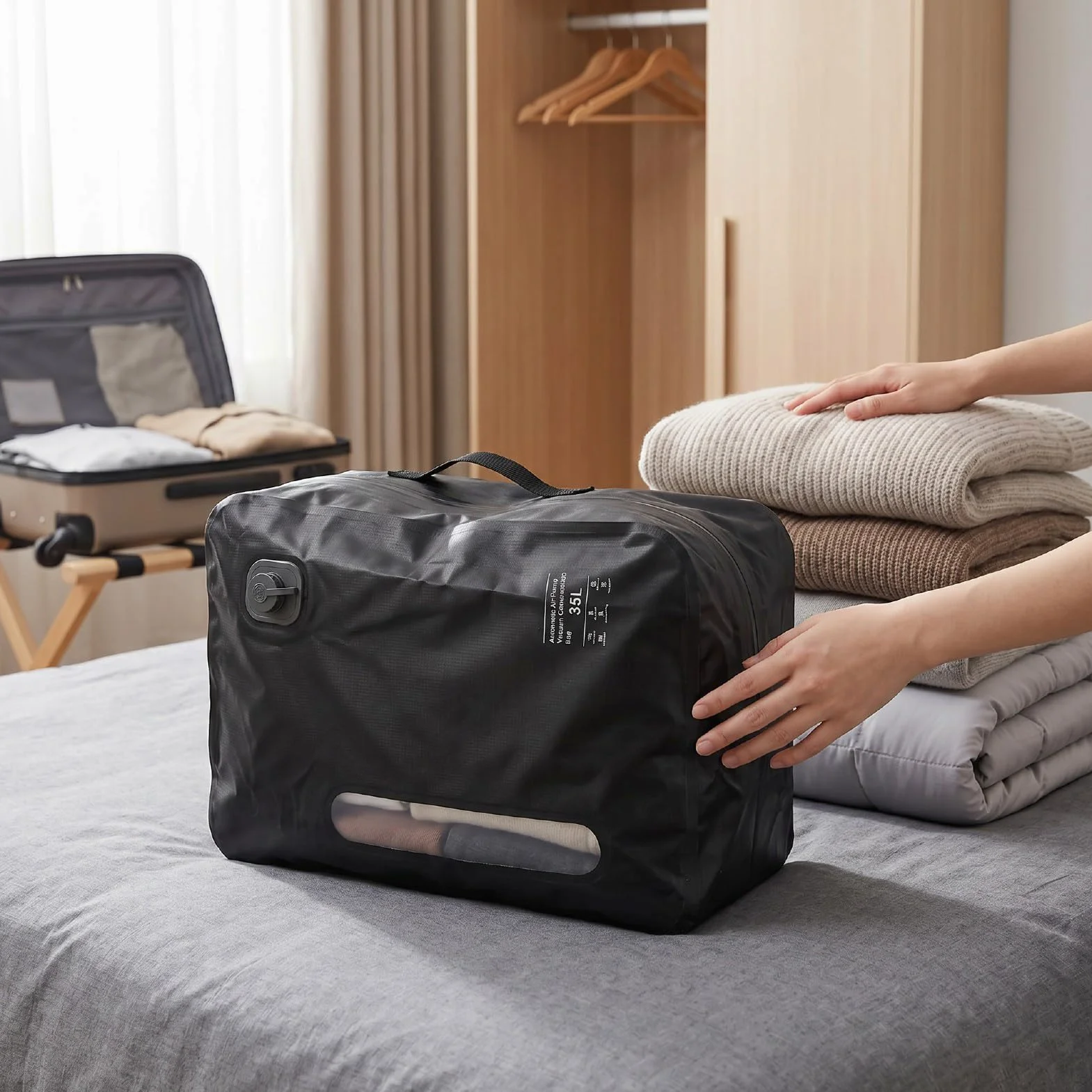 Duokon Bolsas de Vacío para Viajes, Cubos de Embalaje de Compresión Reutilizables de 35L, Bolsas Selladas para Maleta de Mano y Mochila de Viaje (BLACK)
