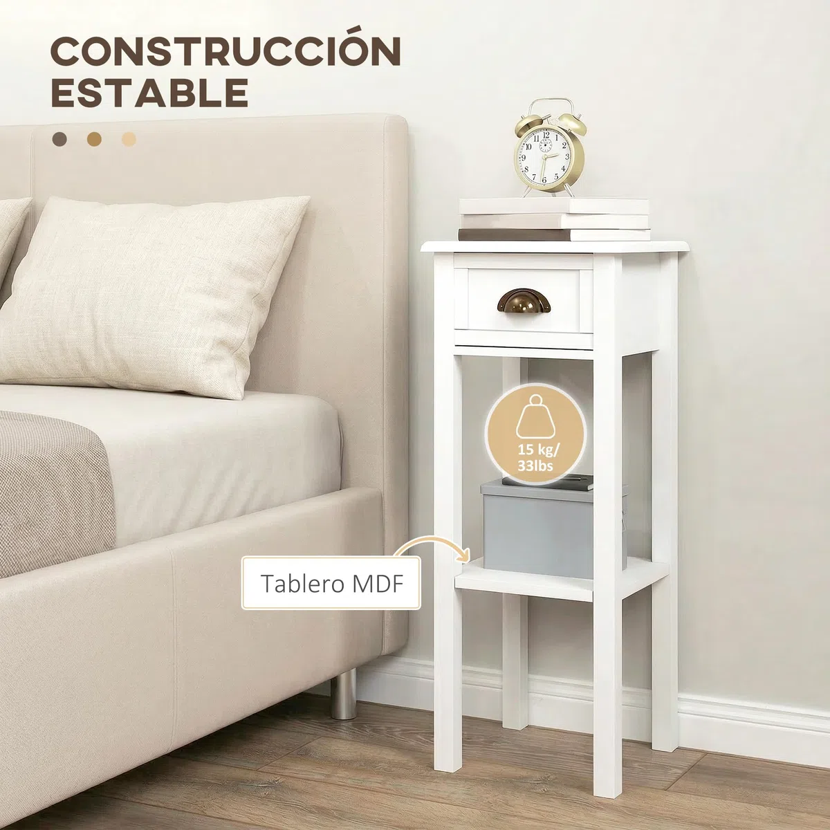 HOMCOM Juego de 2 Mesas Auxiliares Modernas, Mesas Auxiliares para Sofá, con Cajón y Estante, Mesitas de Noche para Salón, Dormitorio, 30x30x75 cm, Blanco