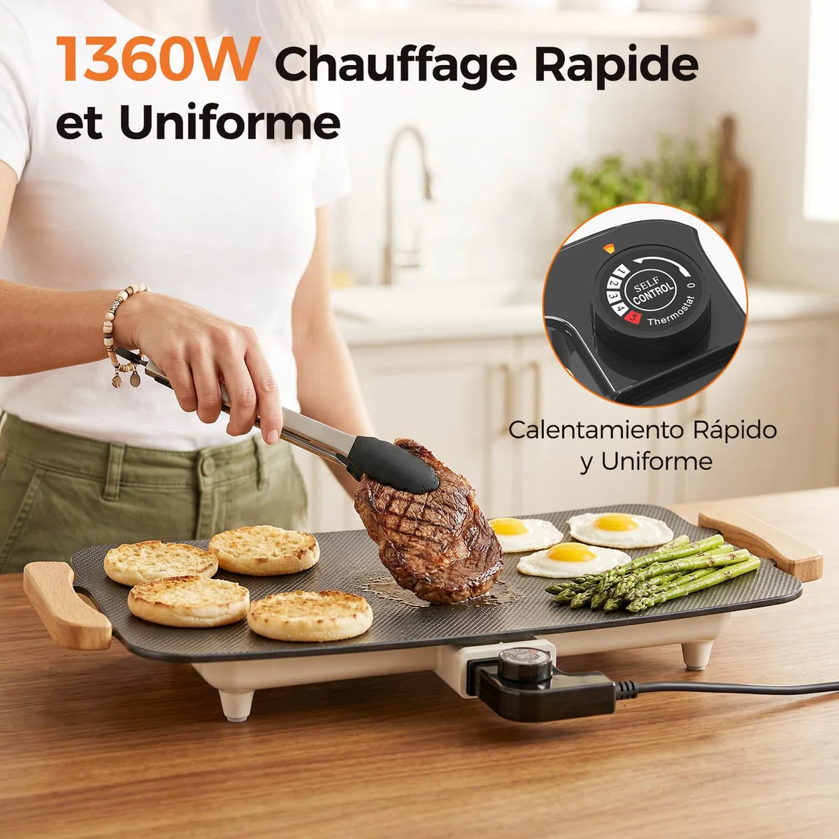 WOOX 1380W Plancha de Asar Eléctrica – Superficie 51x30 cm, Antiadherente, Comidas Familiares, Tortitas y Carne, Calentamiento Rápido, Sin PFAS, Asas de Roble, Fácil de Limpiar