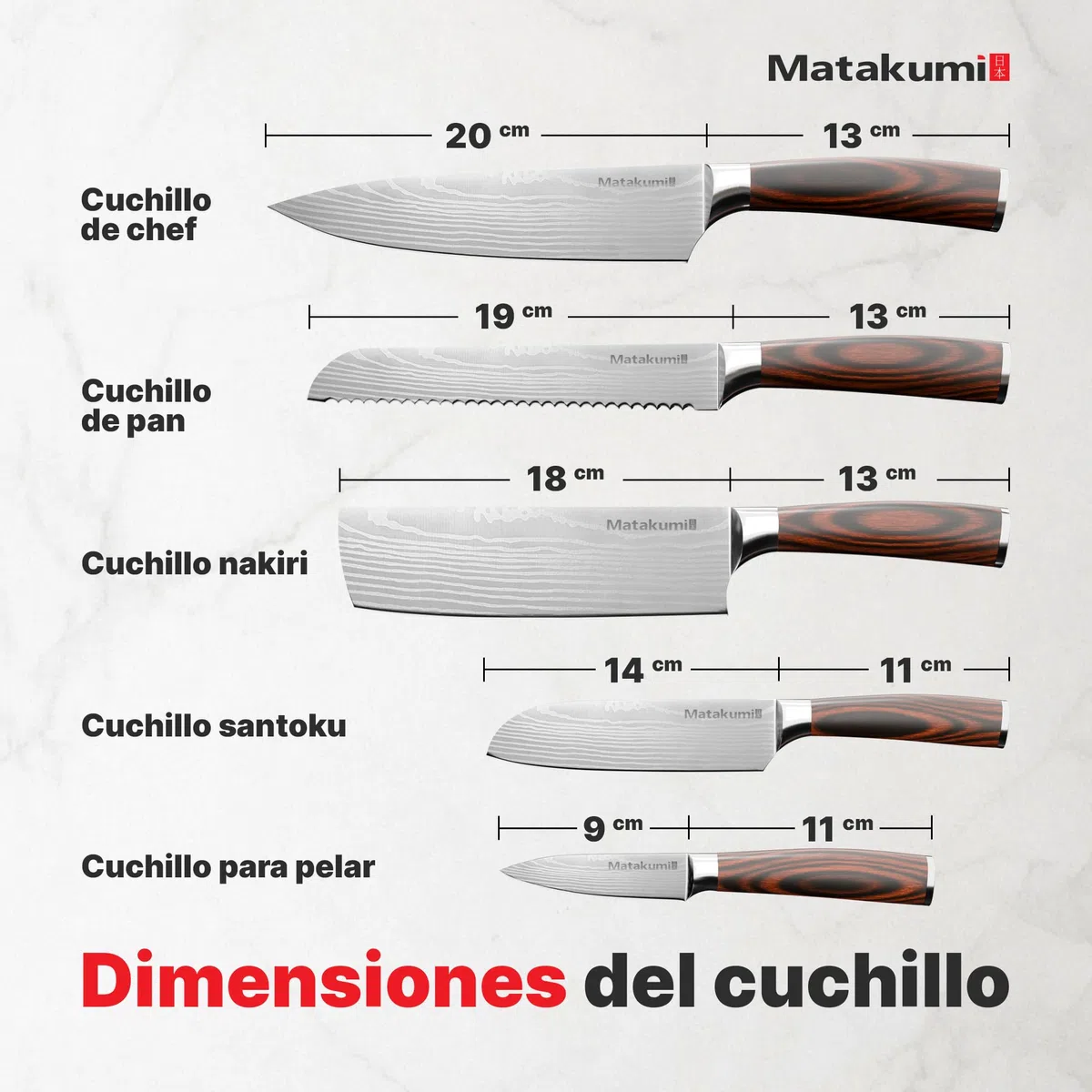 Matakumi juego de cuchillos de cocina con diseño damasco grabado, hojas afiladas de acero al carbono con mangos ergonómicos para uso duradero, juego de 5 piezas set de cuchillos de cocina profesional