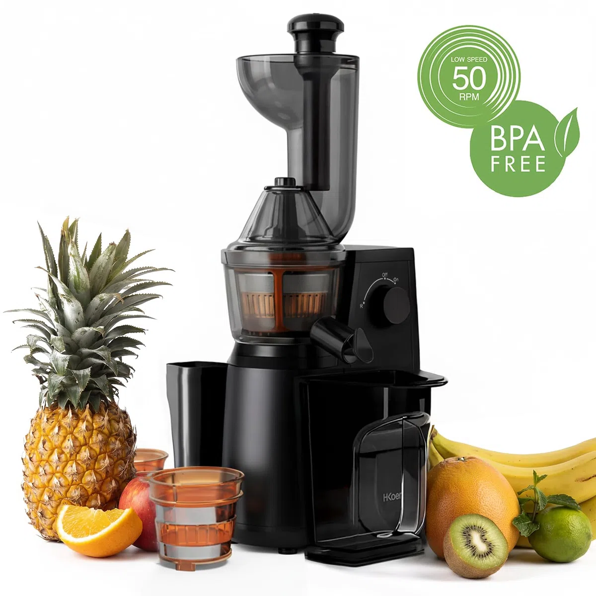H.Koenig - Extractor de jugo de frutas y verduras vertical GSX26 – Libre de BPA, apertura ancha 135 mm, presión suave 50 rpm, acero inoxidable, silencioso, 250 W, antigoteo, lavable a máquina
