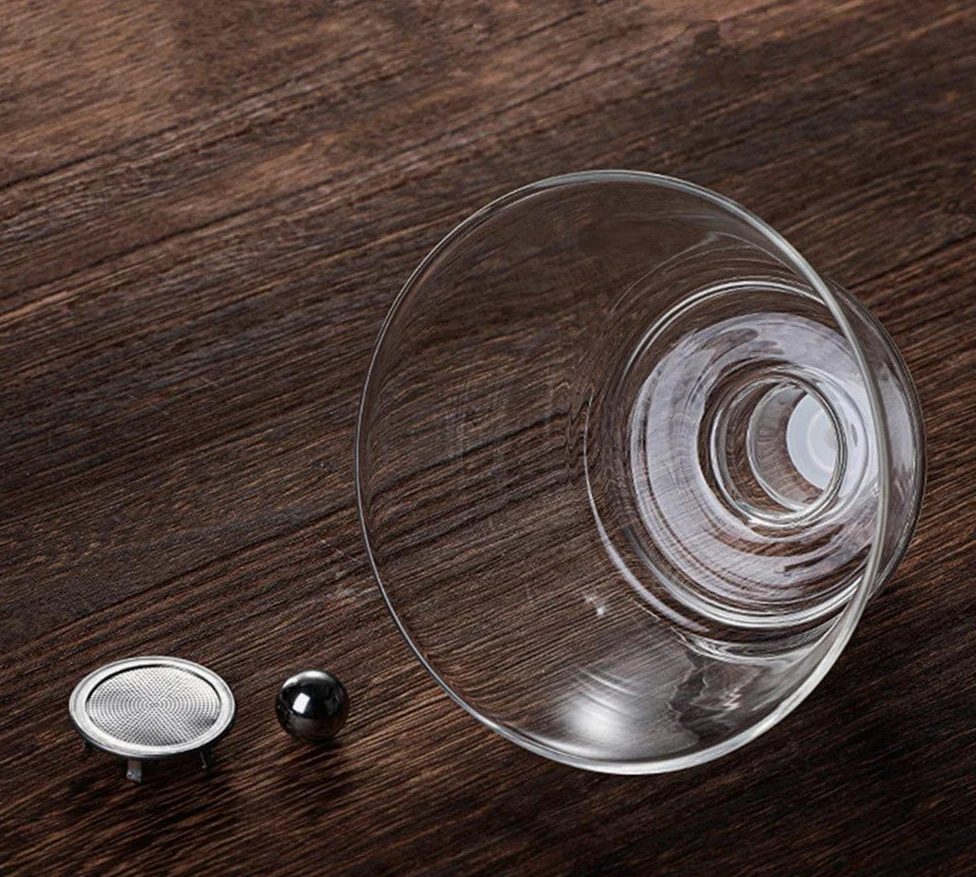 RORA Tetera de vidrio semiautomática con tapa giratoria para flujo de agua magnético, juego de tetera de vidrio de madera con 6 cuencos (tetera con 6 tazas)