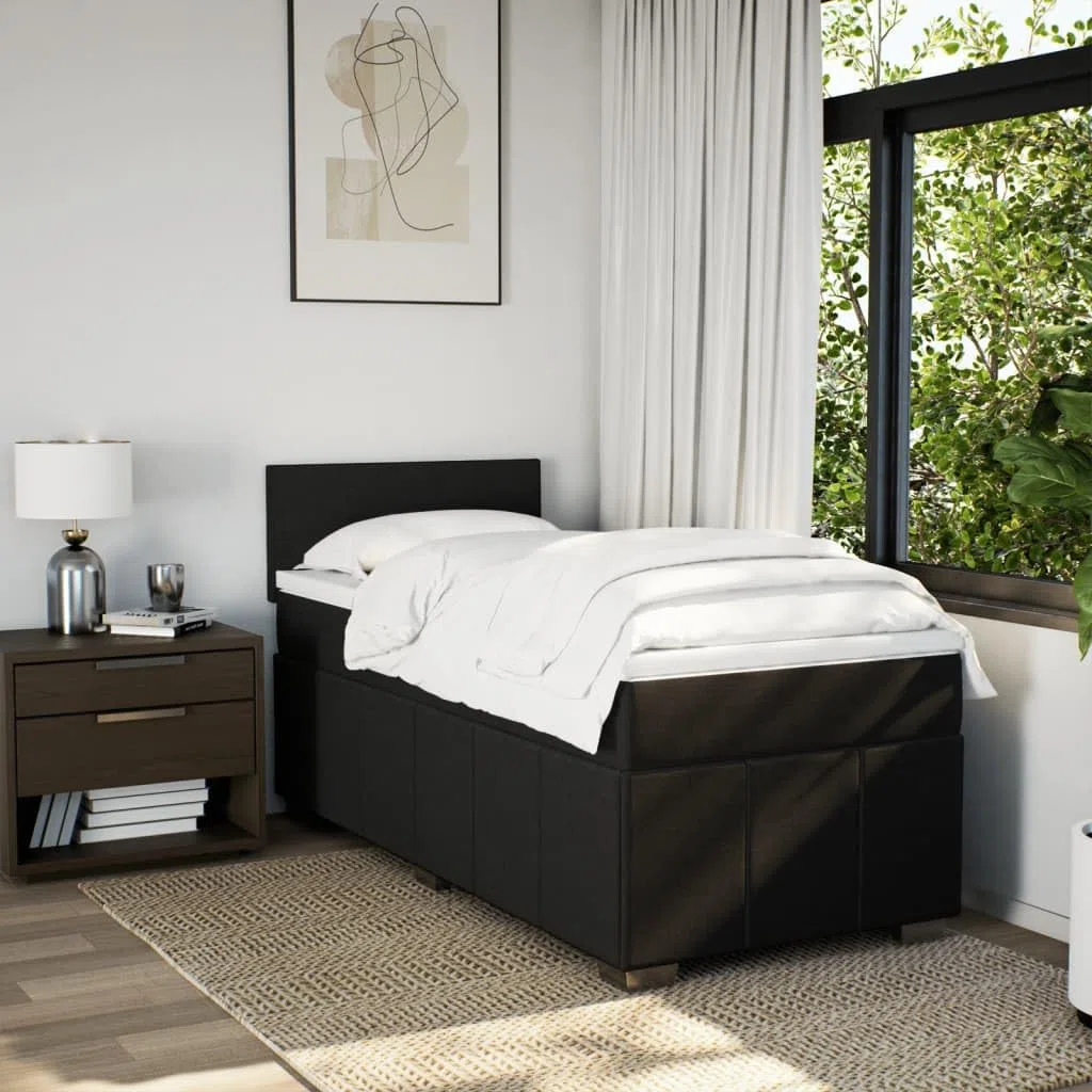 Cama con somier con colchón de 90 x 190 cm en tejido negro, cabecero regulable en altura, colchón de muelles ensacados para un agarre óptimo, listones transpirables y cómodo cojín