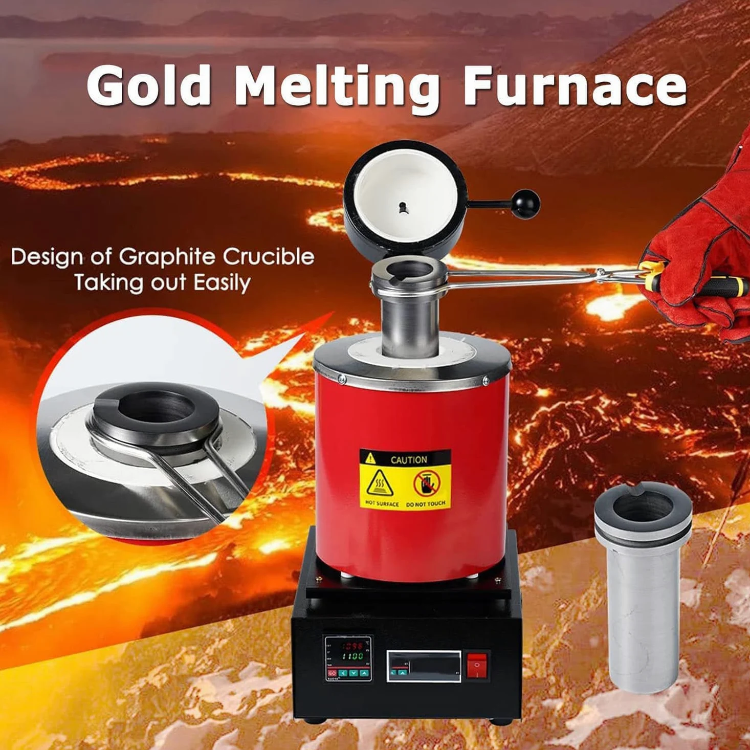 LINCYS Horno Eléctrico Fundición Oro, Máquina Fundición De Acero Dorado Y Plateado, Máquina Automática Horno Fusión Digital De 1150 ℃ /2102 ℉ con Crisol De Grafito,Red-3KG