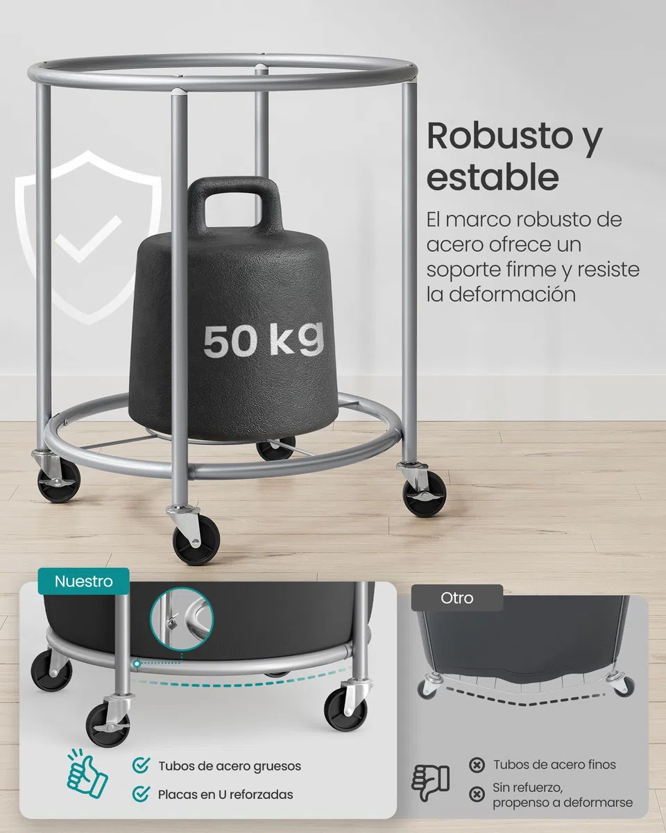 SONGMICS Cesto de Ropa Sucia con Ruedas, Cesta de la Ropa Sucia, 170 L, Cesto Redondo con Marco de Acero y Bolsa Extraíble, 4 Ruedas y 2 Frenos, Negro y Plata RLS001B01