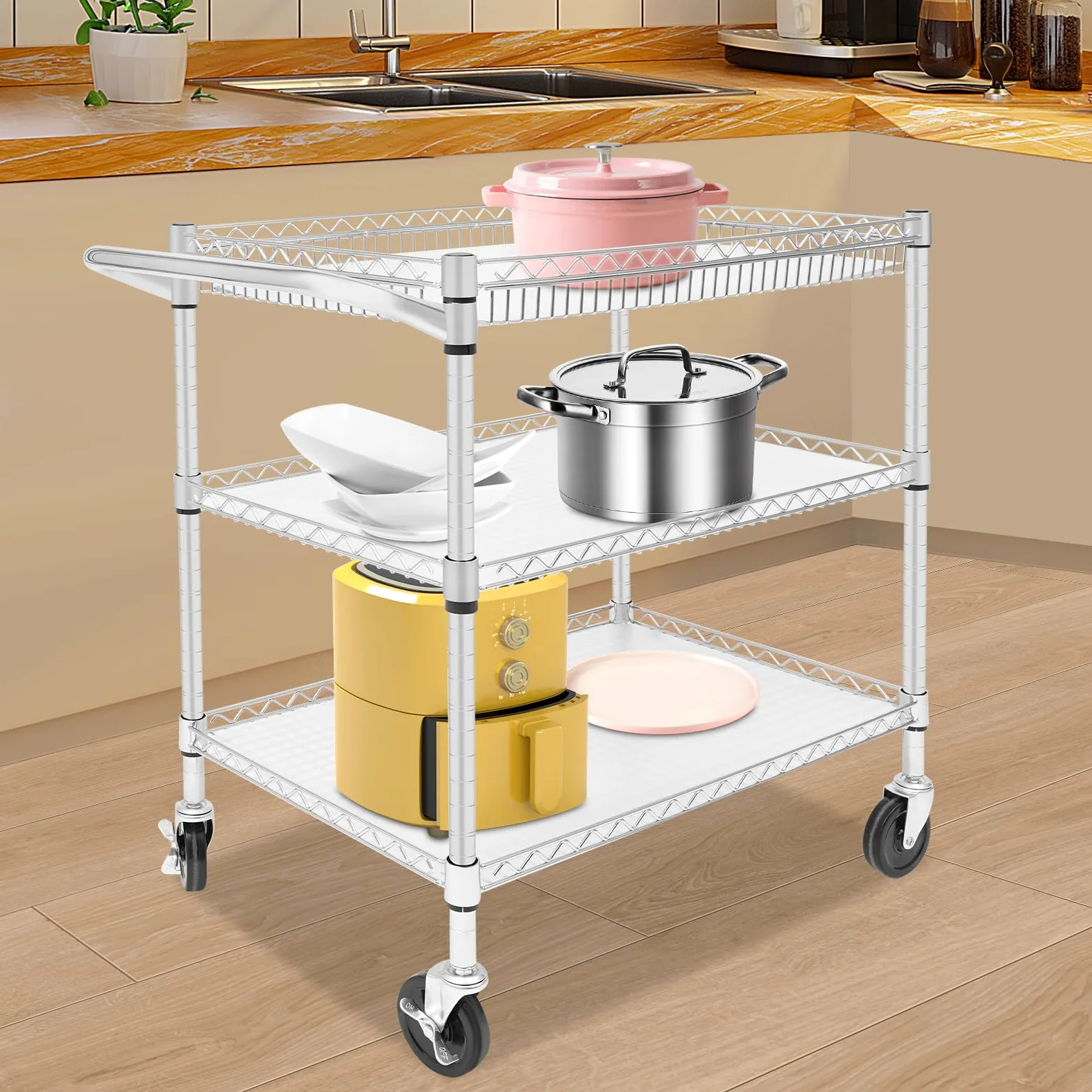 Carro de servicio con ruedas, 76 x 46 x 82,6 cm, 3 estantes, carro de transporte, capacidad de carga de 450 kg, para restaurantes, cocinas u hoteles