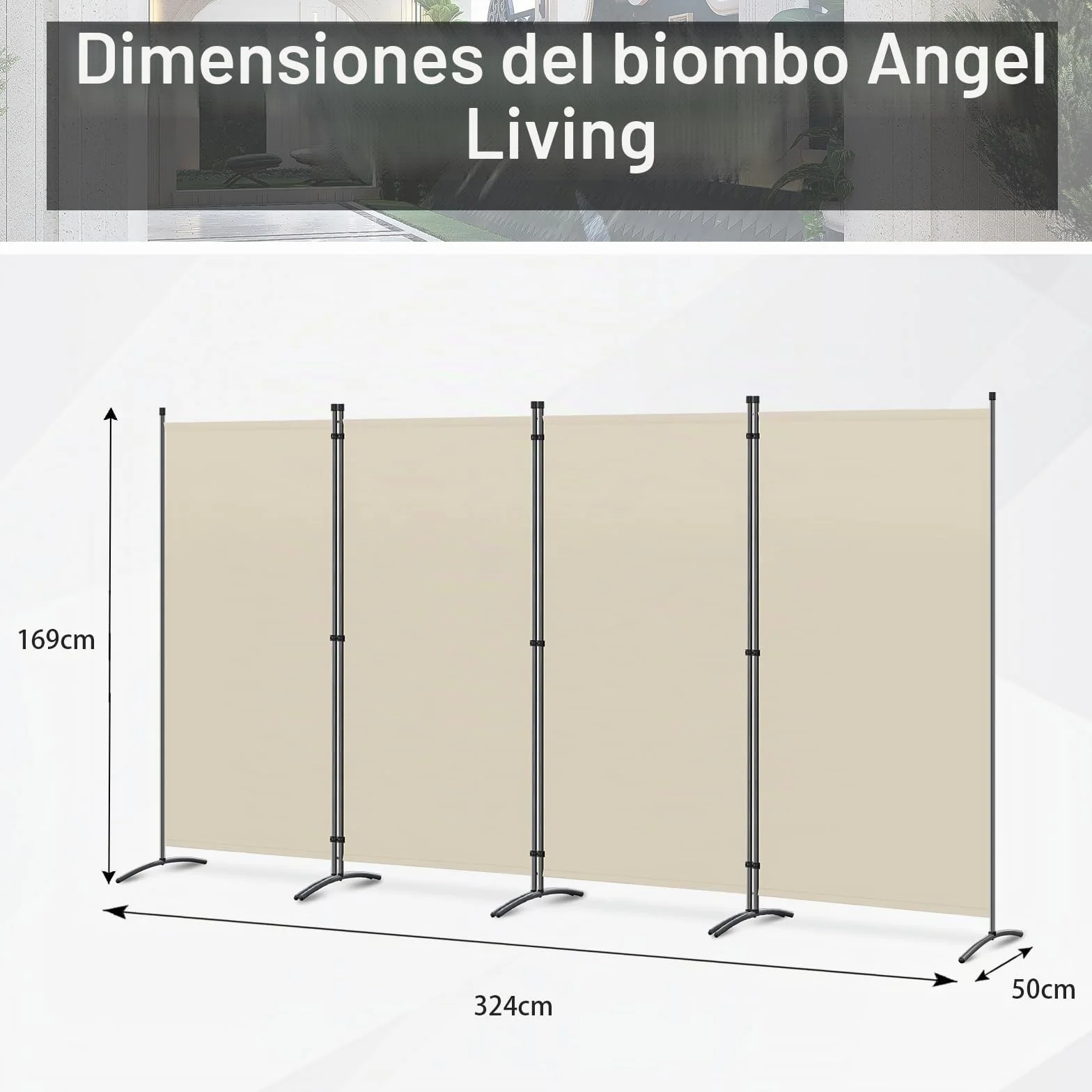 Angel Living Biombo Grande de 4 Paneles, Decoración Elegante, Separador de Ambientes Plegable, Divisor de Habitaciones, 324x169 cm (Beige)