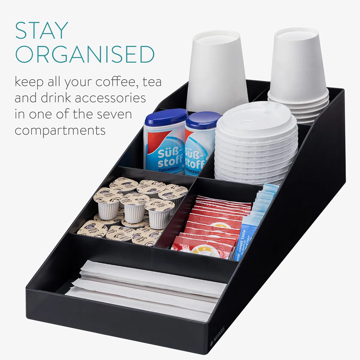 Navaris Organizador de café y té - Caja para Kit de Accesorios de cafetera - Bandeja con 7 cajoncitos para infusiones azucarillos Tazas cápsulas
