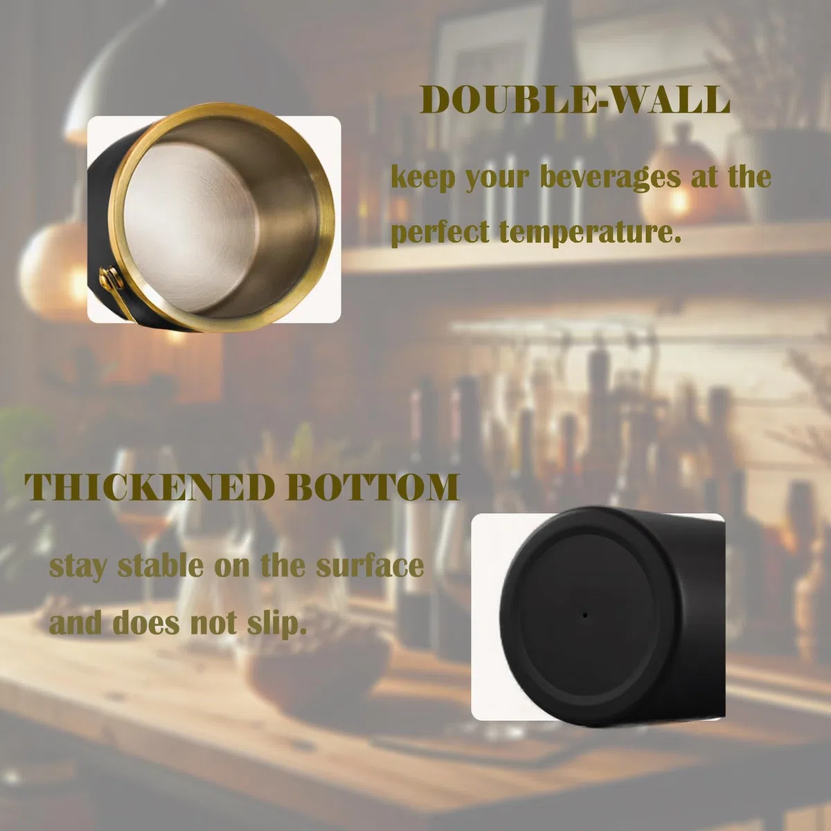 Cubo de hielo aislado con tapa, asa y pinzas, cubo de champán de acero inoxidable negro dorado para fiestas, 3 L, accesorios para mantener las bebidas frías