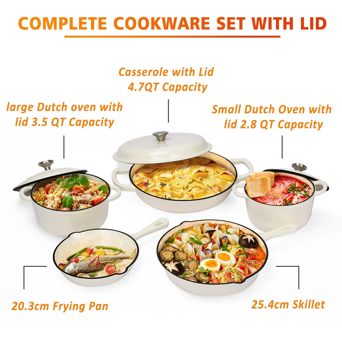 GFTIME Juego de 8 piezas de cocina en hierro fundido esmaltado antiadherente, ollas, sartenes y horno holandés para todo tipo de fuegos, ideal para hornear pan