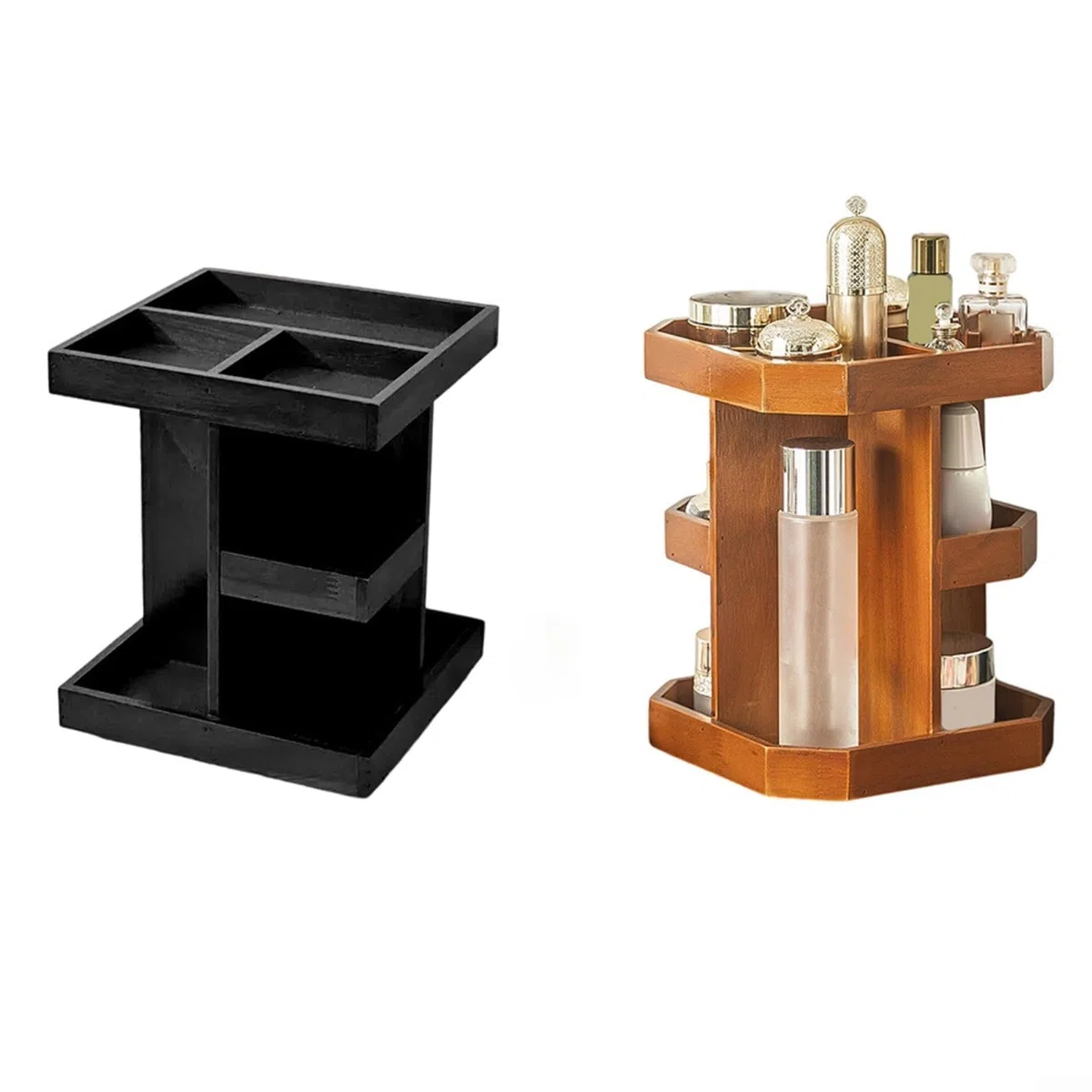 Organizador de colonia 360 para hombres, soporte de perfume de madera de 3 niveles con bandeja de reloj, estante de almacenamiento de escritorio para dormitorio (cuadrado negro)