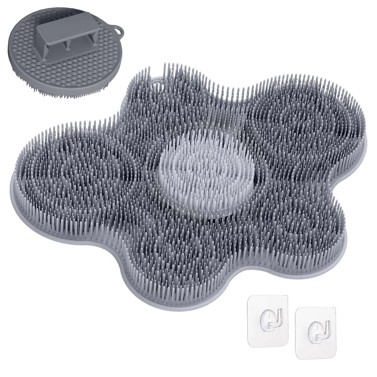 Juego de alfombrilla de silicona para pies de ducha y limpiador corporal de silicona, limpiador de espalda grande montado en la pared para limpiar, exfoliar y masajear sin doblarse (gris +