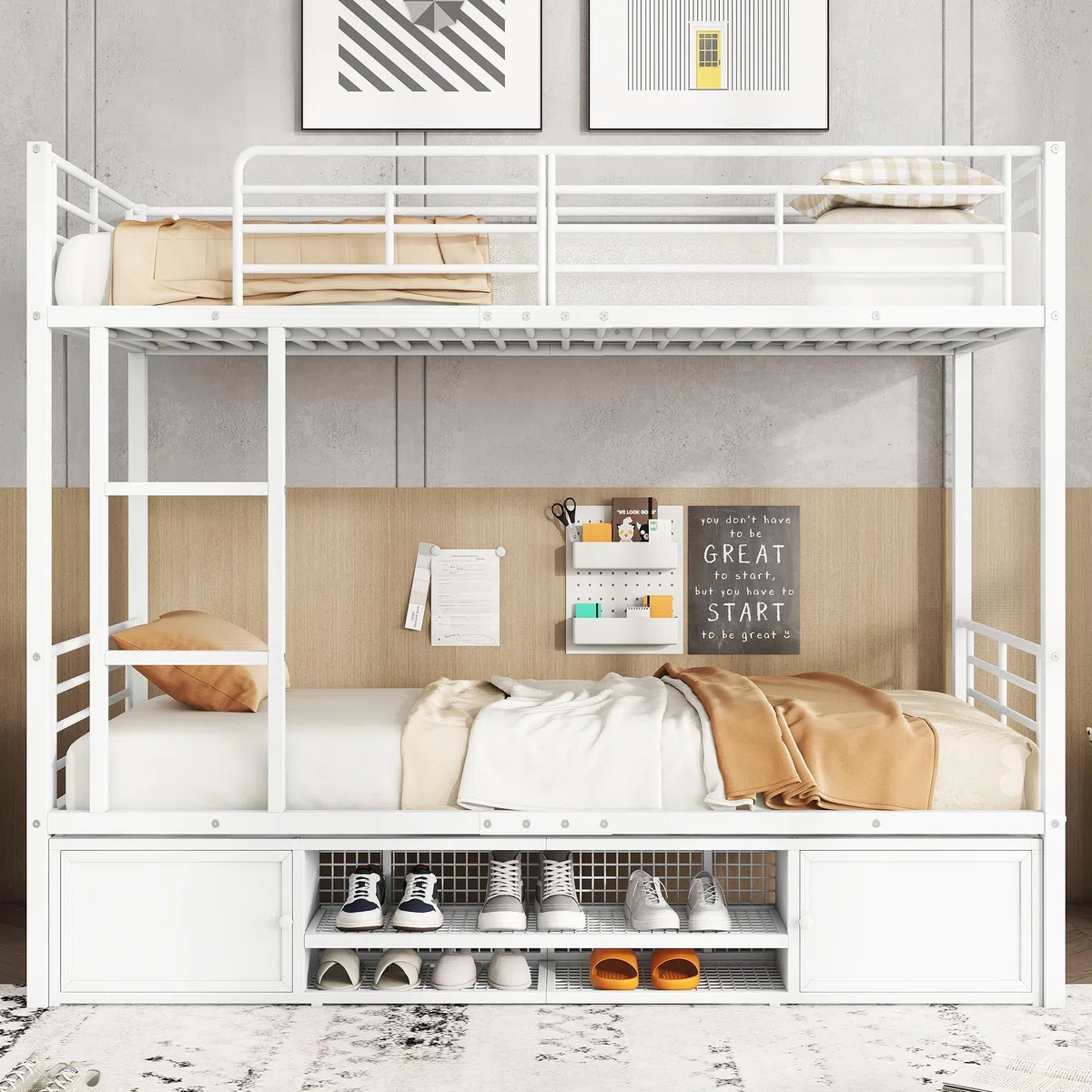 Litera doble, zapatero abierto, armario de almacenamiento de dos puertas, adecuado para niños y adolescentes, con escalera lateral y barandilla de seguridad, hierro forjado, sin colchón, 90 x 200 cm