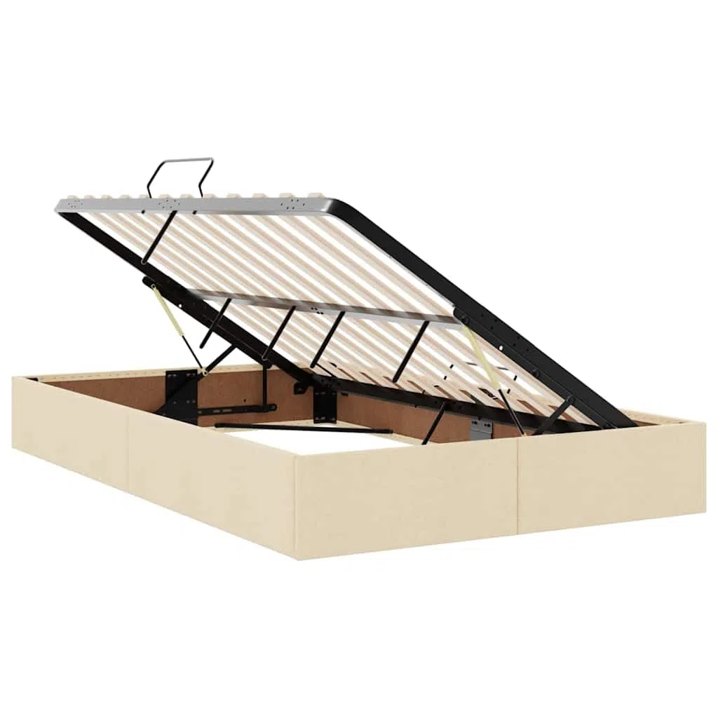 Cama de almacenamiento con colchón crema de 120 x 190 cm, material con marco de metal, cabecero, elevador lateral hidráulico, amplio espacio de almacenamiento y estante para dormitorio