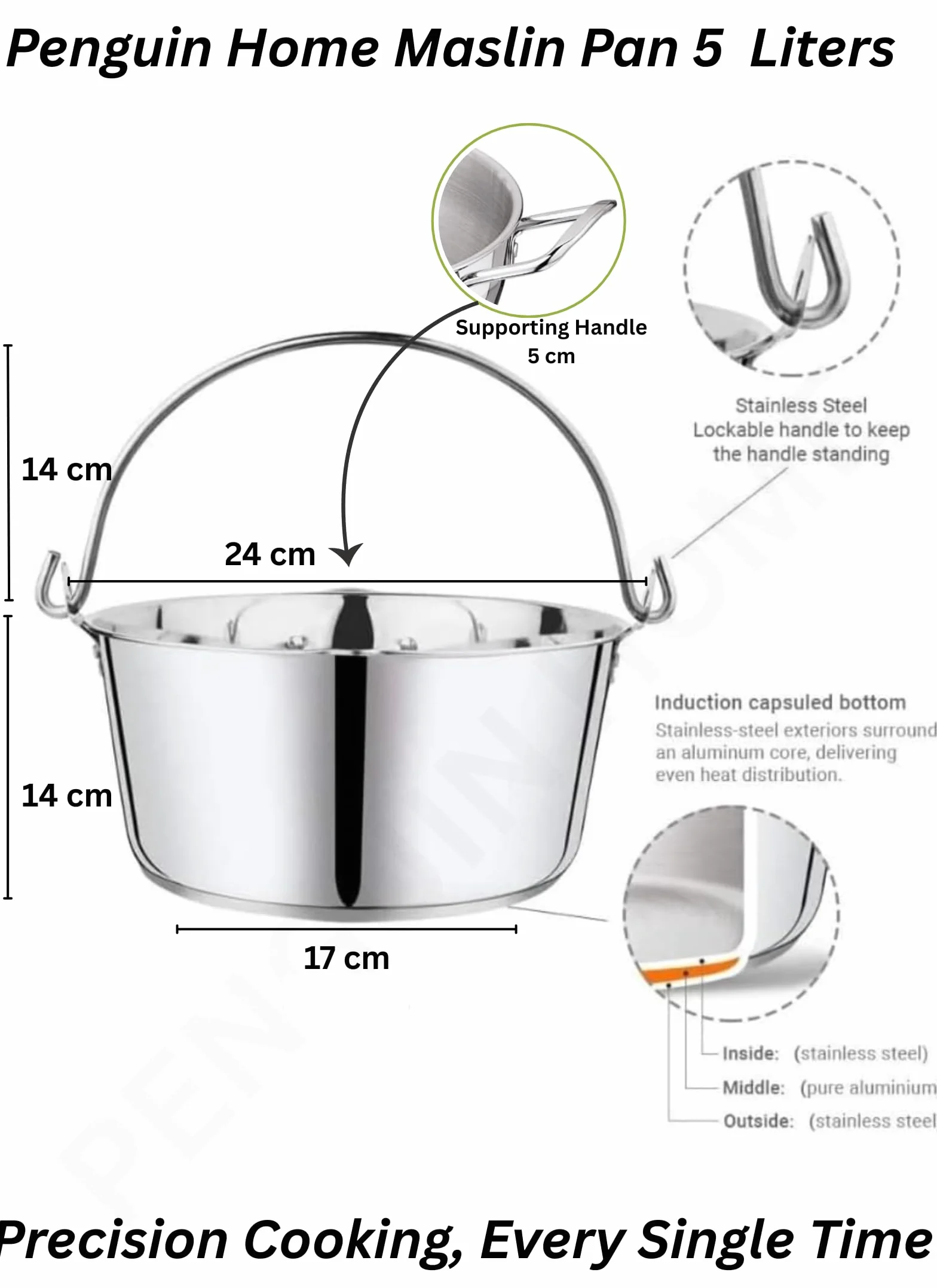 Penguin Home Sartén de 5 L con embudo de mermelada de cuello ancho de 14 cm, olla de acero inoxidable con embudo de conservas de acero para conservar, sartén combinada y embudo de mermelada con mango