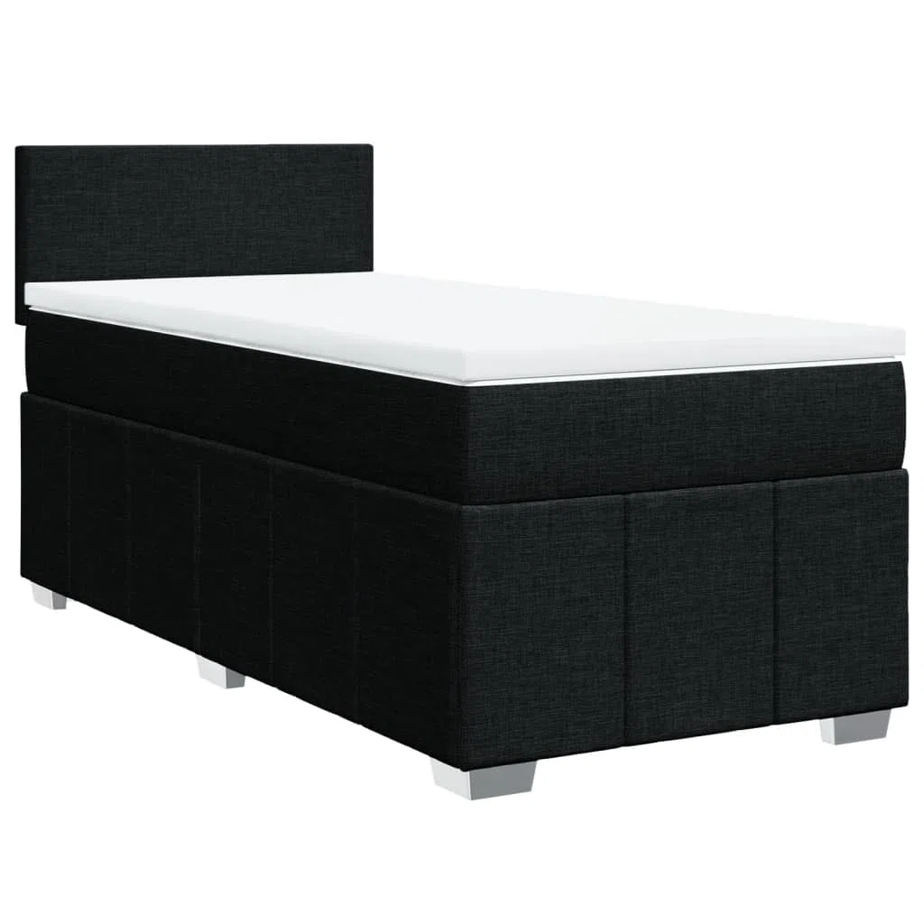 Cama con somier con colchón de 90 x 190 cm en tejido negro, cabecero regulable en altura, colchón de muelles ensacados para un agarre óptimo, listones transpirables y cómodo cojín