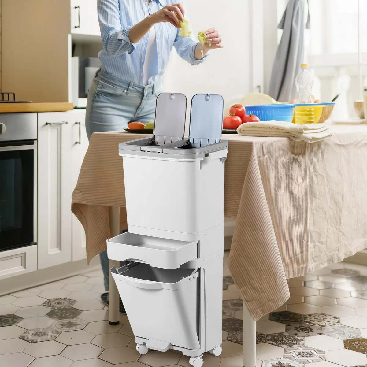 Cubo de basura de cocina con 3 compartimentos, 42 L, para cocina en seco y húmedo, con tapa, con tapa sobre ruedas, para cocina, apartamento, oficina, color blanco