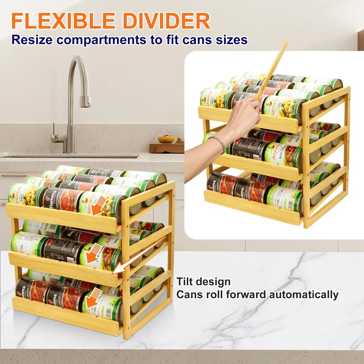 MinBoo Organizador de latas de bambú para despensa, estante apilable para 36 latas, almacenamiento de alimentos enlatados, estante de despensa, armario de cocina o encimera