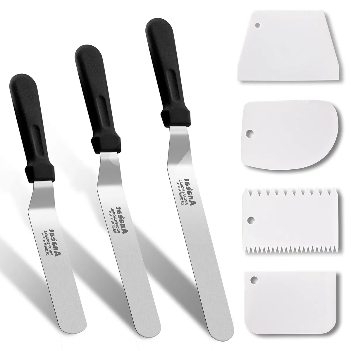 Anaeat Espátulas de glaseado, 3 espátulas profesionales en ángulo con cuchillas de acero inoxidable de 6, 8, 10 pulgadas y 4 raspadores alisadores de pasteles para decoración de pasteles, hornear y