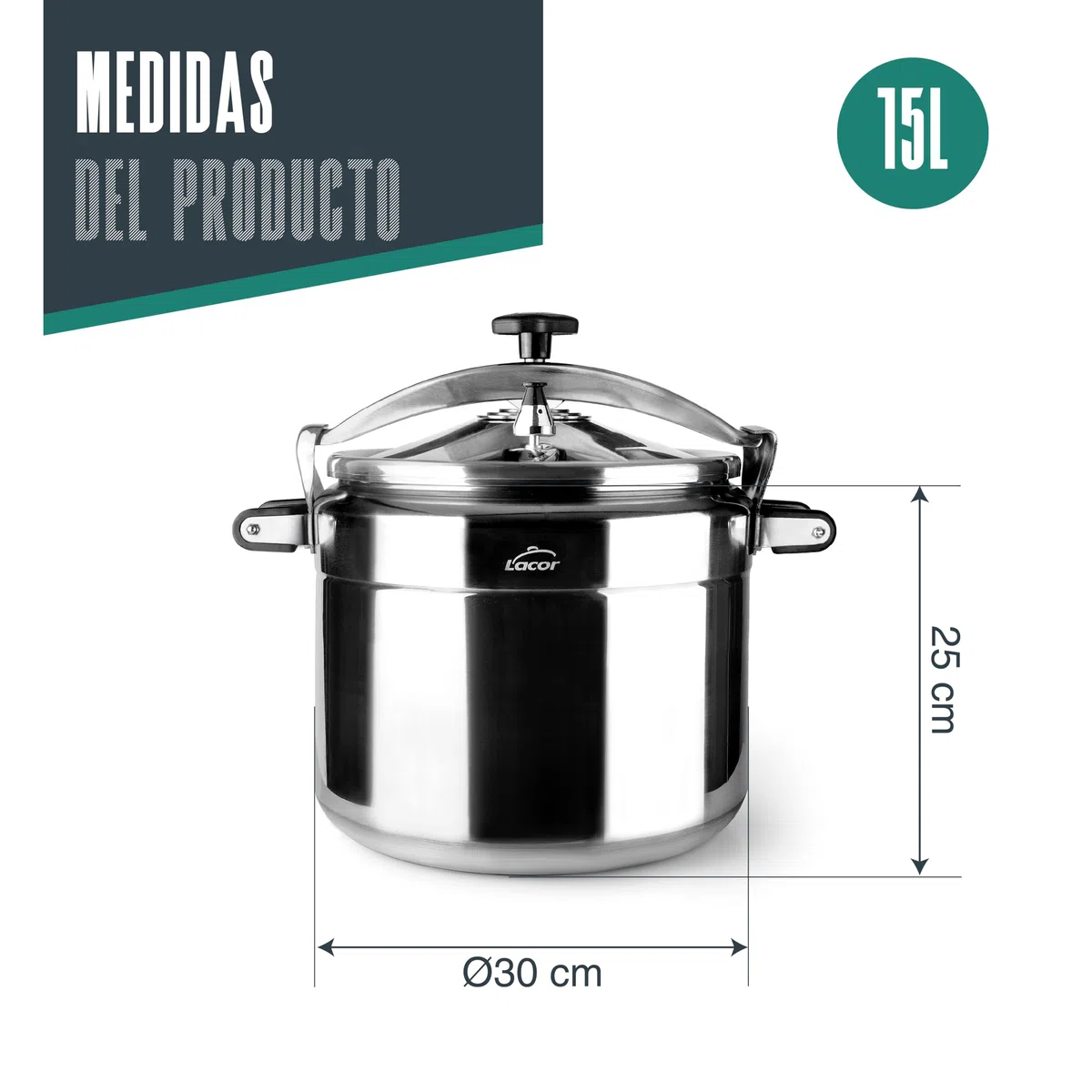 Lacor 20515 - Olla a presión rápida PRO Classic - Aluminio, 30 cm | En aluminio, para uso profesional y grandes cantidades; con 15 L de capacidad, cómodo de manejar y de guardar