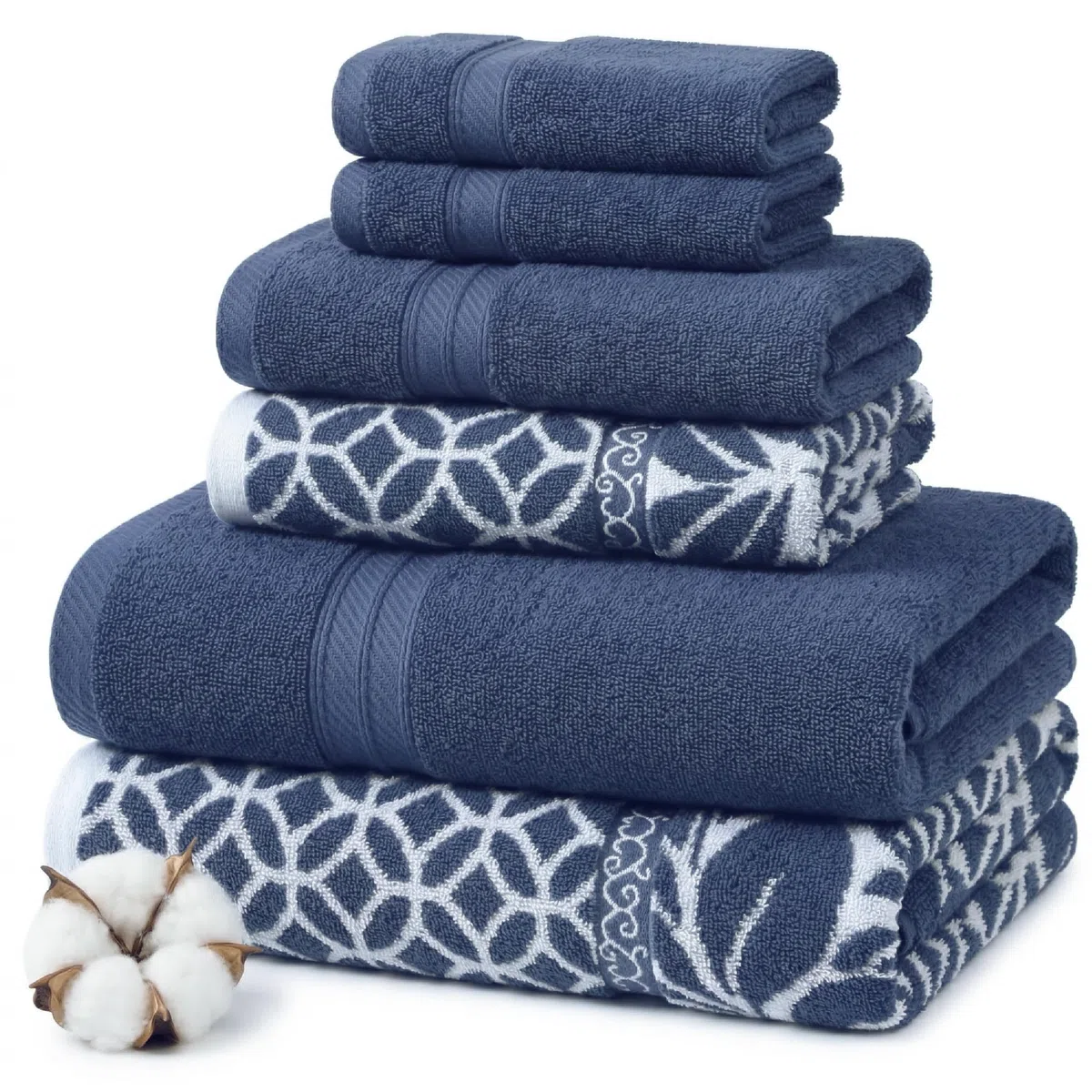 Modern Threads Trefoil - Juego de 6 Toallas de Jacquard teñidas de Hilo Reversible de Filigrana, Toallas de baño, Toallas de Mano y paños de baño, súper absorbentes y de Secado rápido, 100% algodón