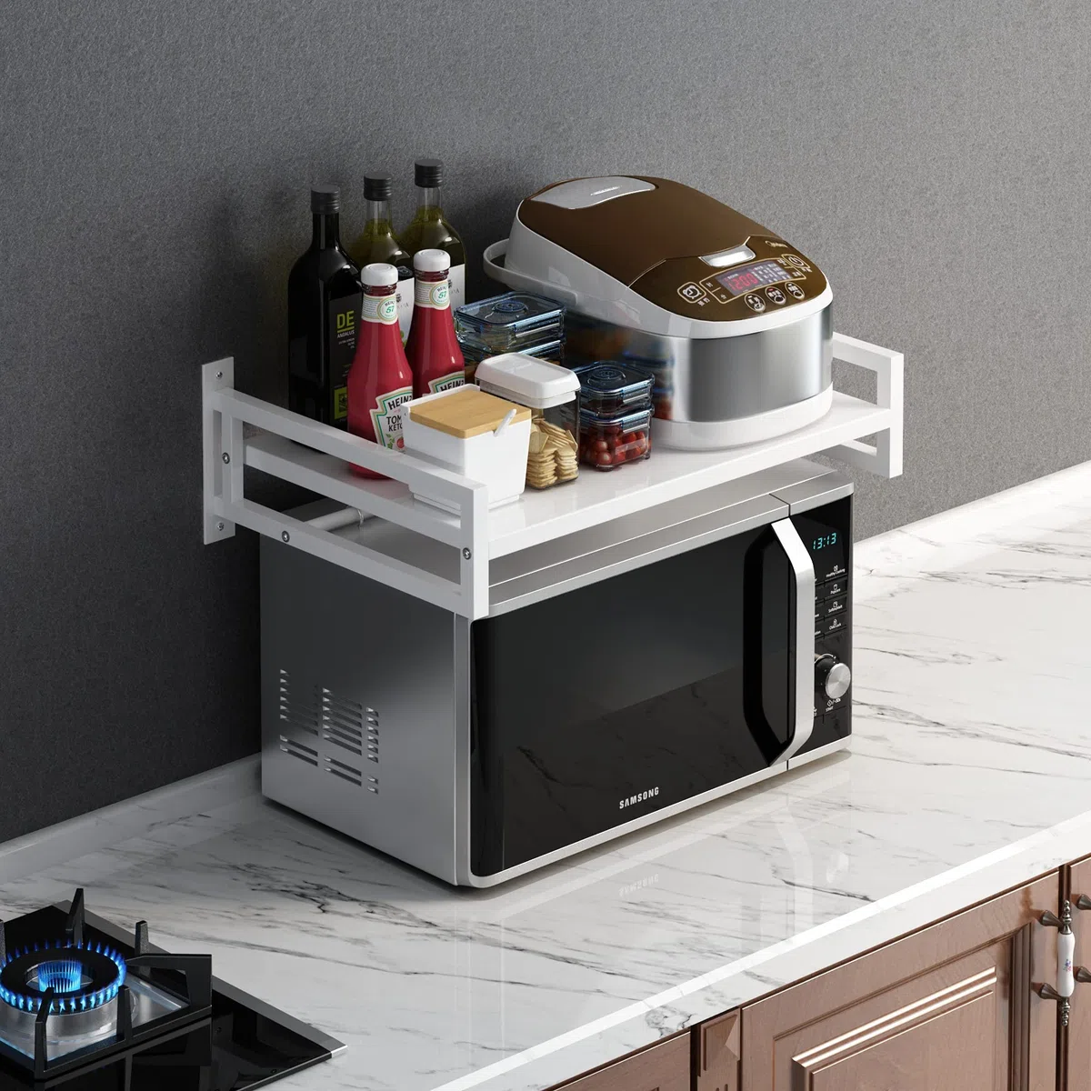 ABCOOL Estante de pared para horno microondas, soporte de encimera de acero al carbono blanco con riel de gancho y 3 ganchos deslizantes para cocina y hogar