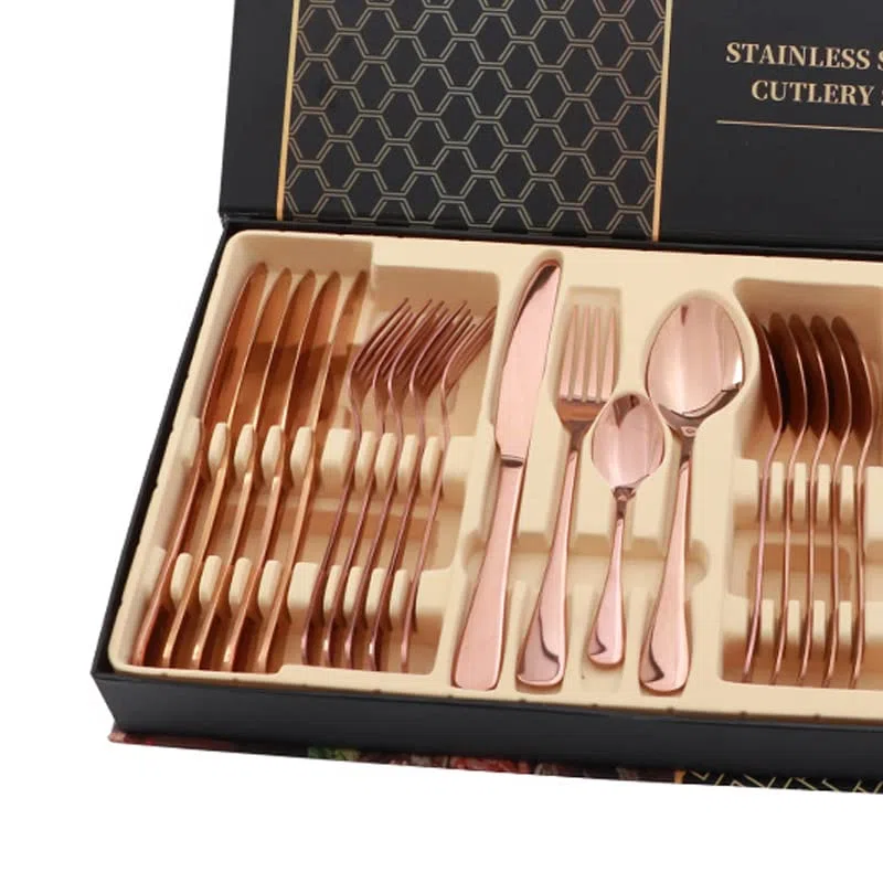 Juego de cubiertos de 24 piezas, juego de cubiertos de acero inoxidable brillante, 24 piezas, cuchillo para carne, tenedor, cuchara, apto para lavavajillas para el hogar o el (Oro rosa)