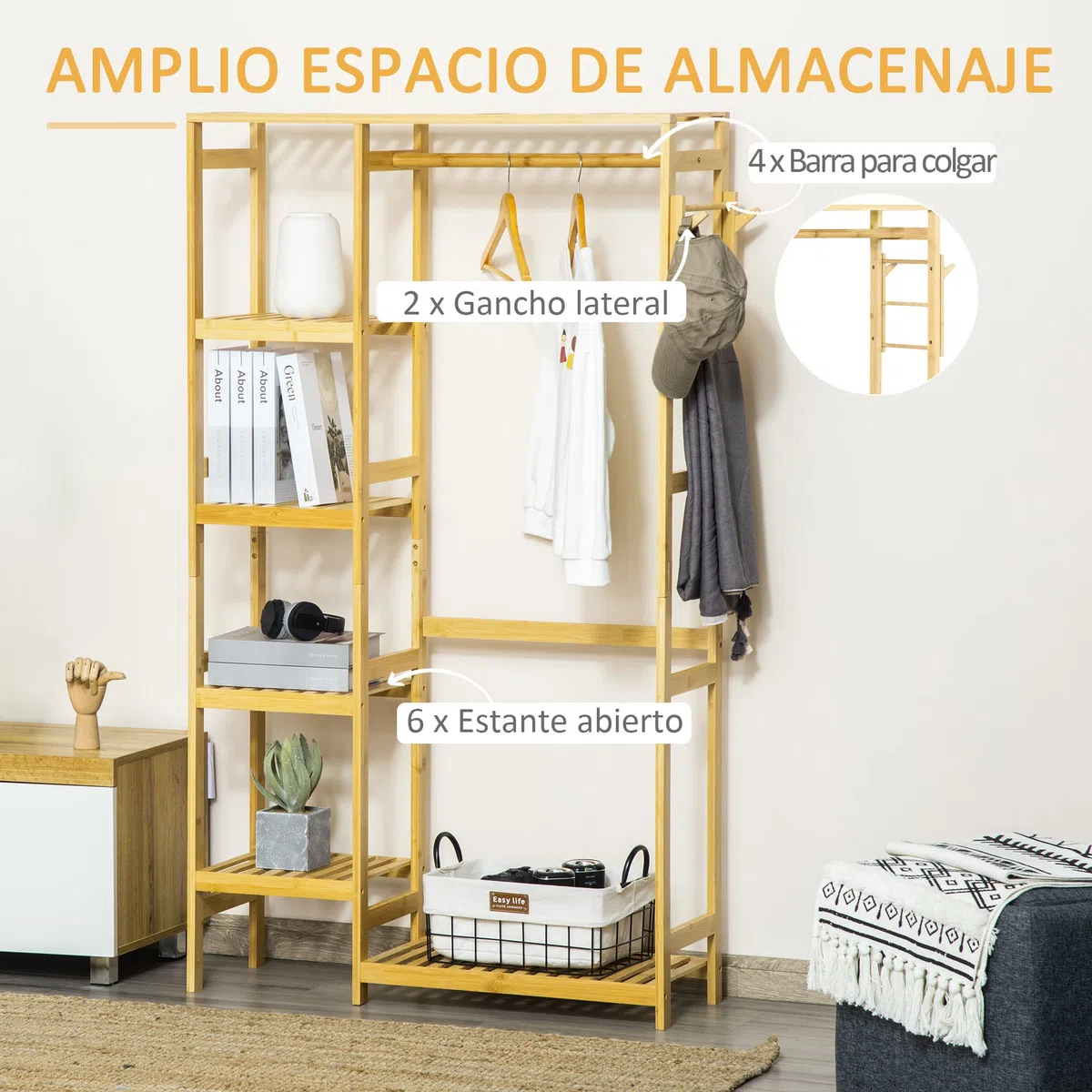 HOMCOM Perchero Burro de Bambú de Pie con Estantería 90x30x155 cm Natural | 4 Niveles, Barra, Estante Inferior, Colgador Lateral, para Ropa Bolsas, Dormitorio