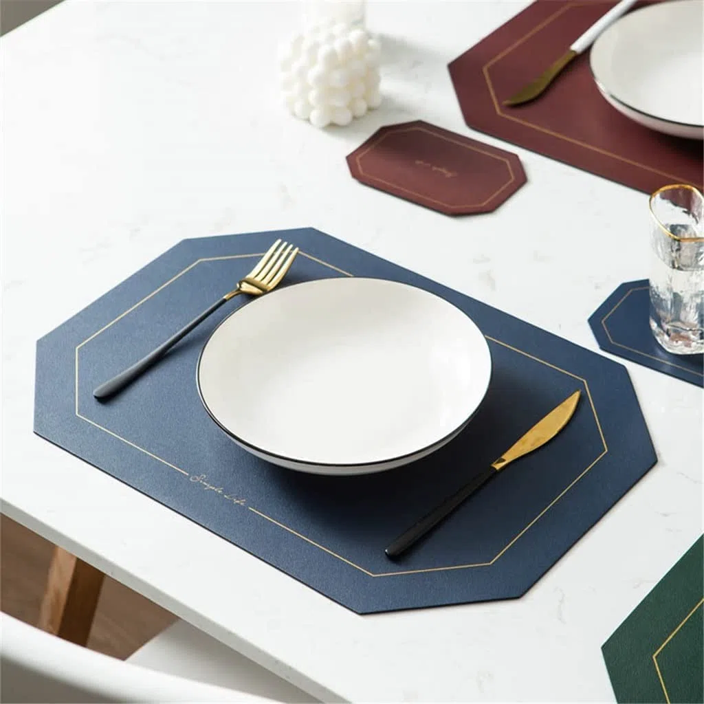 Salvamanteles, manteles individuales y posavasos, 4 Uds. De mantel individual de cuero octogonal con posavasos, mantel de cocina, almohadillas lavables for tazas (F 43 * 30cm) ( Color : Black Soul Eat
