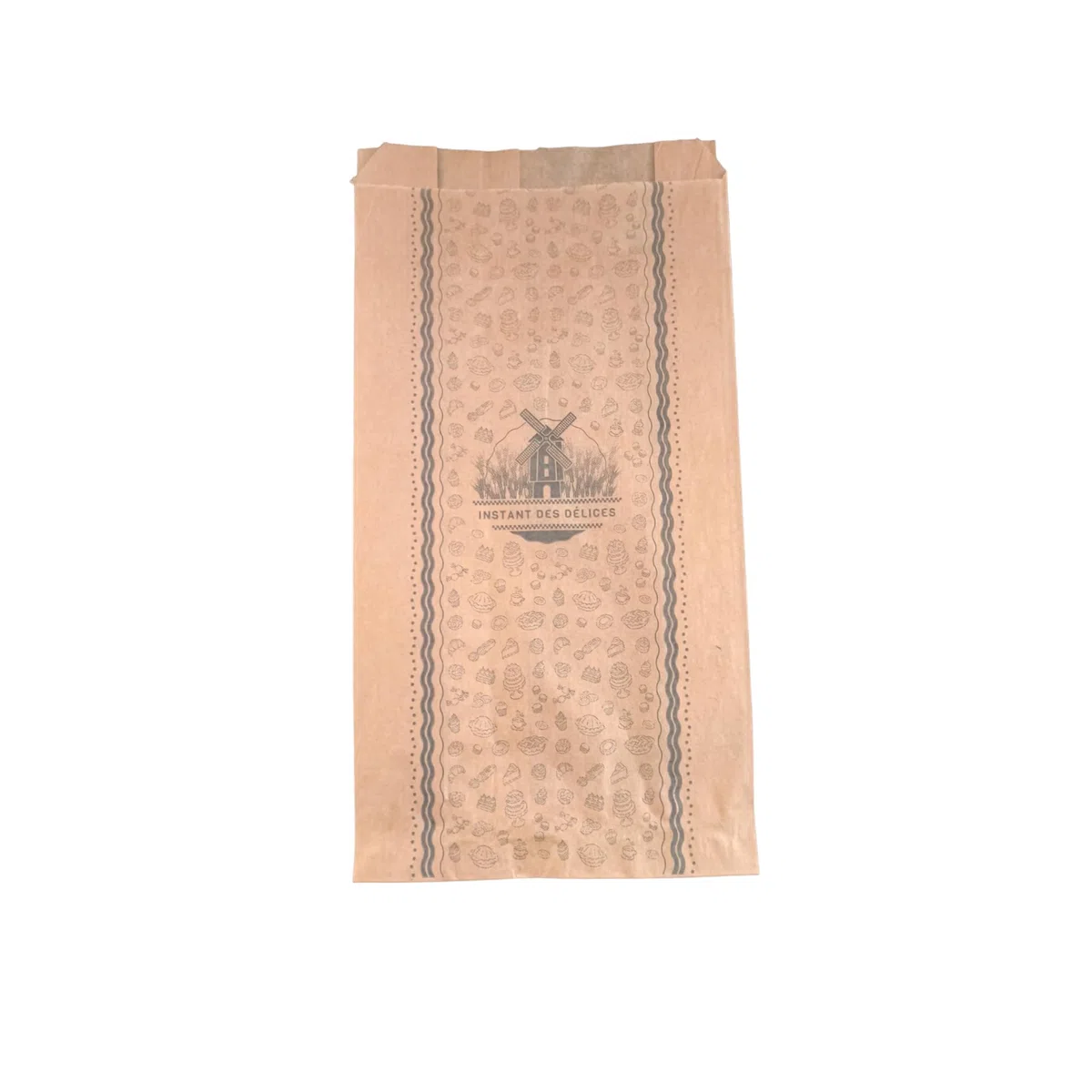 1000 Bolsas de bollería 20+5x31 cm de papel kraft marrón de grado alimenticio sin grasa impresas en negro