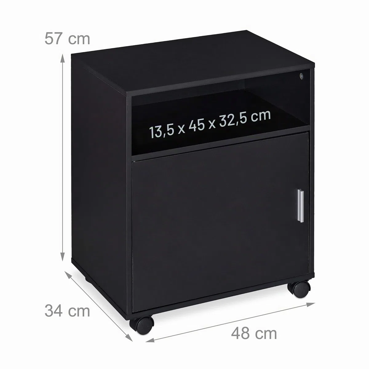 Relaxdays Mueble Auxiliar Impresora 3 Compartimentos y Puerta, Oficina y Teletrabajo, Ruedas, 57 x 48 x 34 cm, Negro