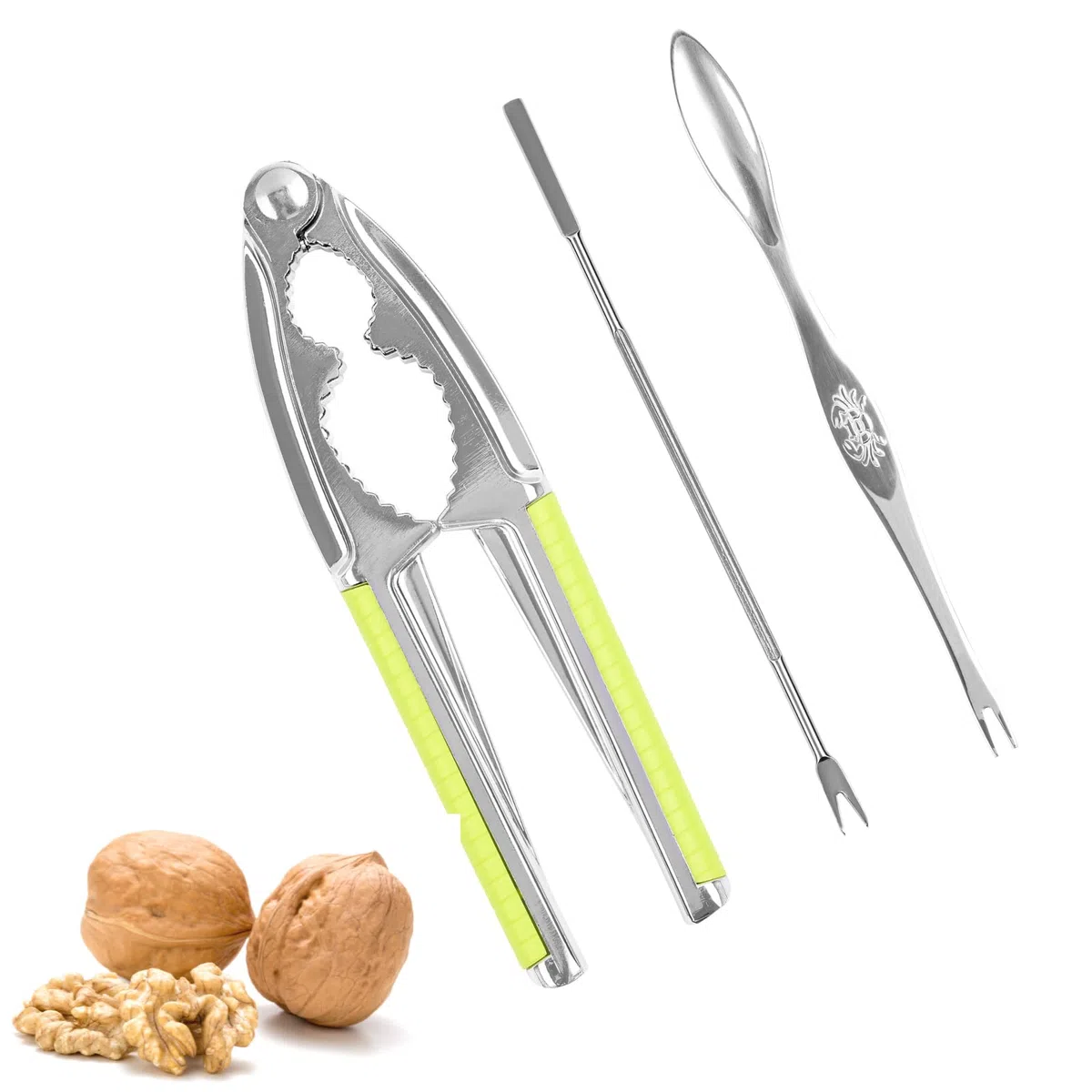 Galletas de nueces de alta resistencia con 2 tenedores/púas de mariscos con mango antideslizante verde